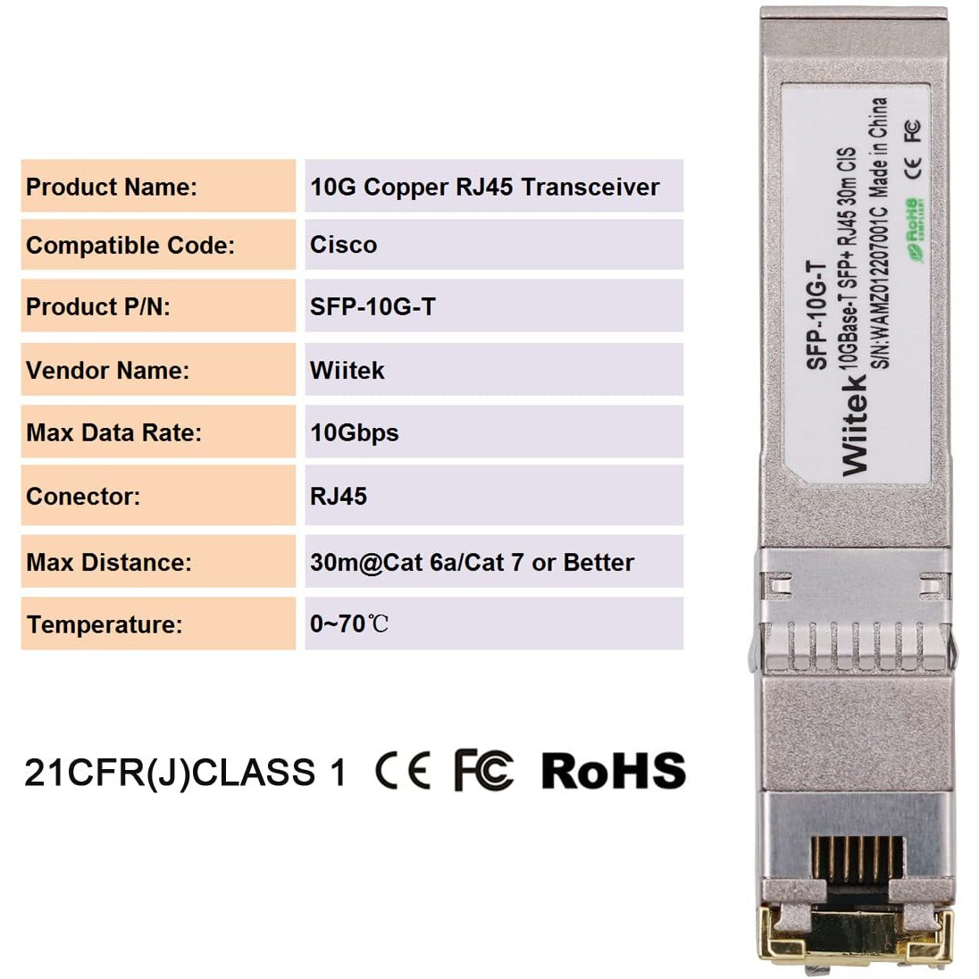 Wiitek Sfp+ To Rj45 Copper Modules  10Gbase-T Transceiver Compatible For Cisco Sfp-10G-T-X  Ubiquiti  Netgear  Mikrotik  Unifi (Cat 6A/7 Or Better  30-Meter)