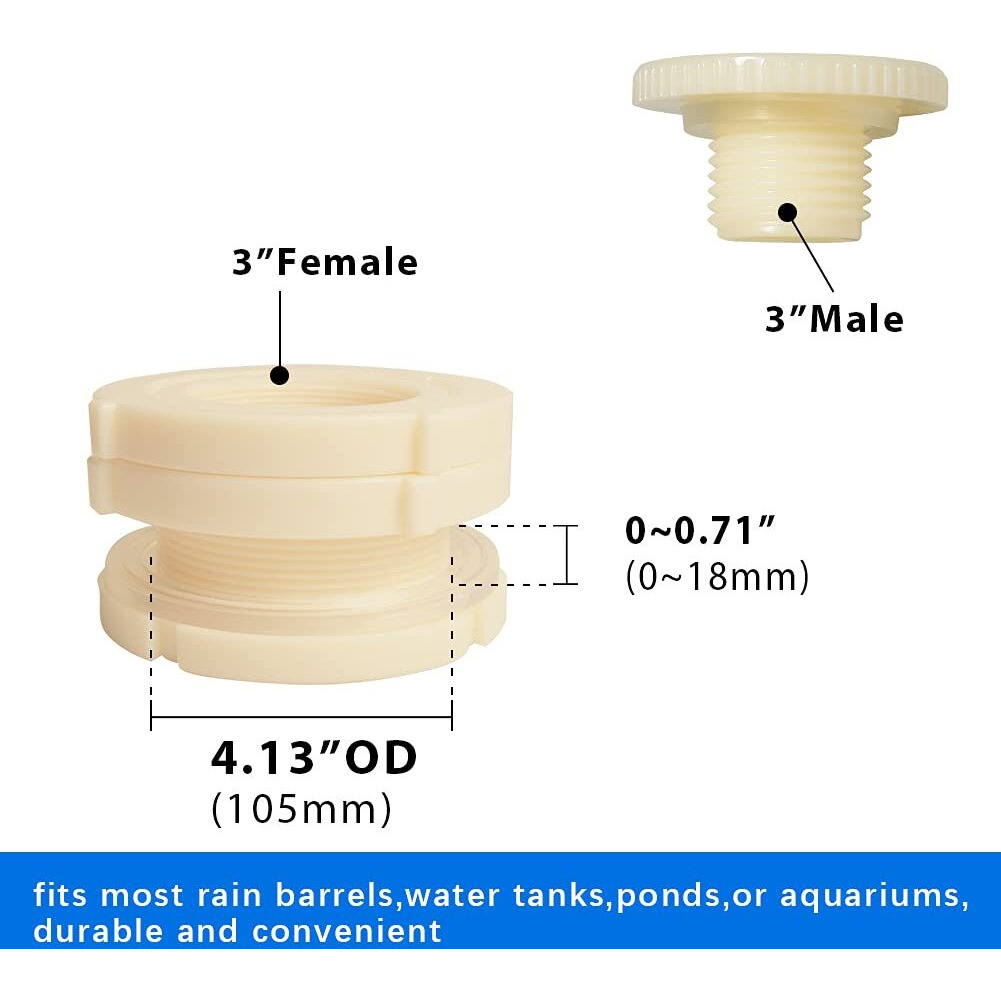 Quickun 3"" Abs Bulkhead Water Tank Connector Adapter Fitting With Plugs Thru-Bulk Pipe Fitting (Set Of 1)