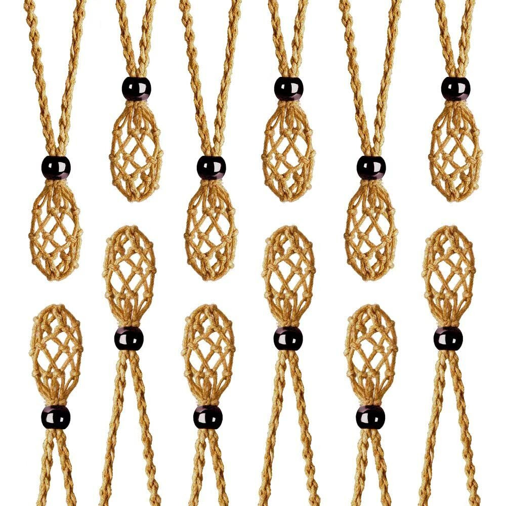Anjiucc 12 Pcs Coffee Color Crystal Cage Necklace Holder Necklace Cord Empty Stone Holder Pendant Stone Holder Replacement Hand-Woven Necklace Cord With Adjustable Length