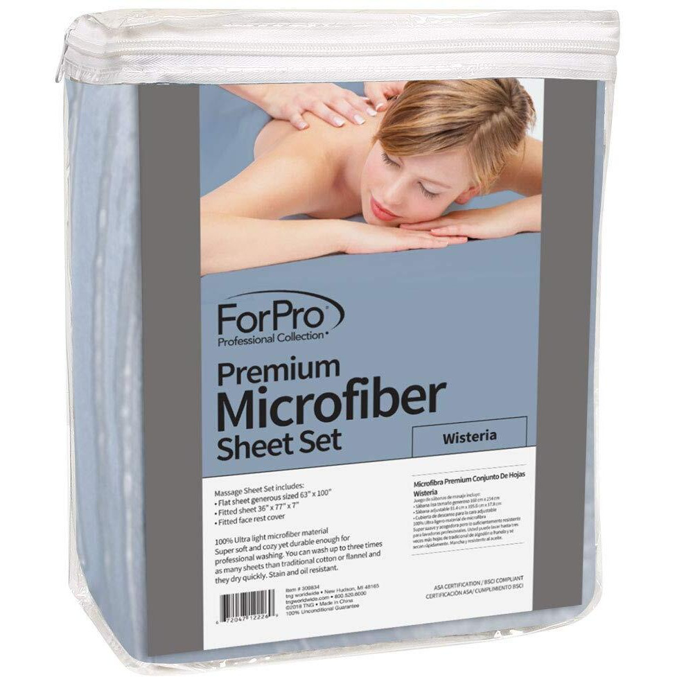 Forpro Professional Collection Premium Microfiber 3-Piece Massage Sheet Set  Wisteria  Ultra-Light  Stain And Wrinkle-Resistant  Includes Massage Flat And Fitted Sheet And Massage Face Rest Cover