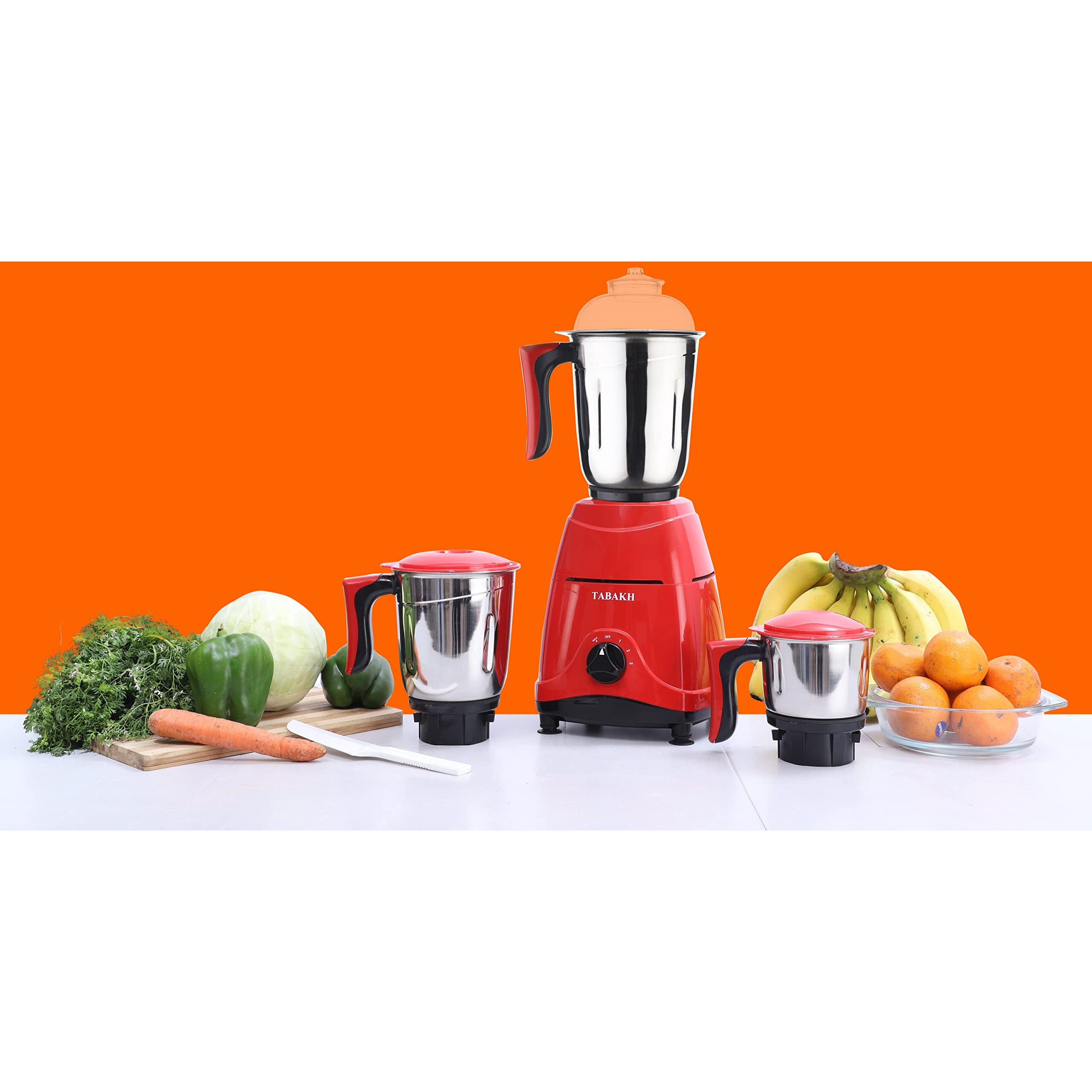 Tabakh Indian Mixer Grinder | 3 Stainless Steel Jars | 650 Watts | 110-Volts | Red