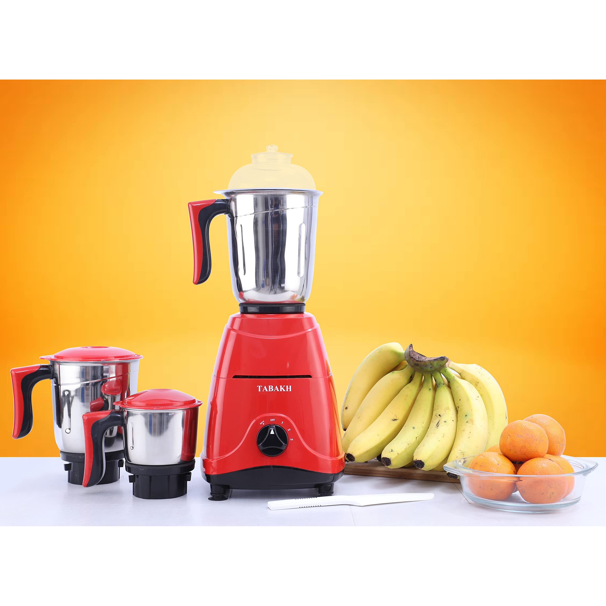Tabakh Indian Mixer Grinder | 3 Stainless Steel Jars | 650 Watts | 110-Volts | Red
