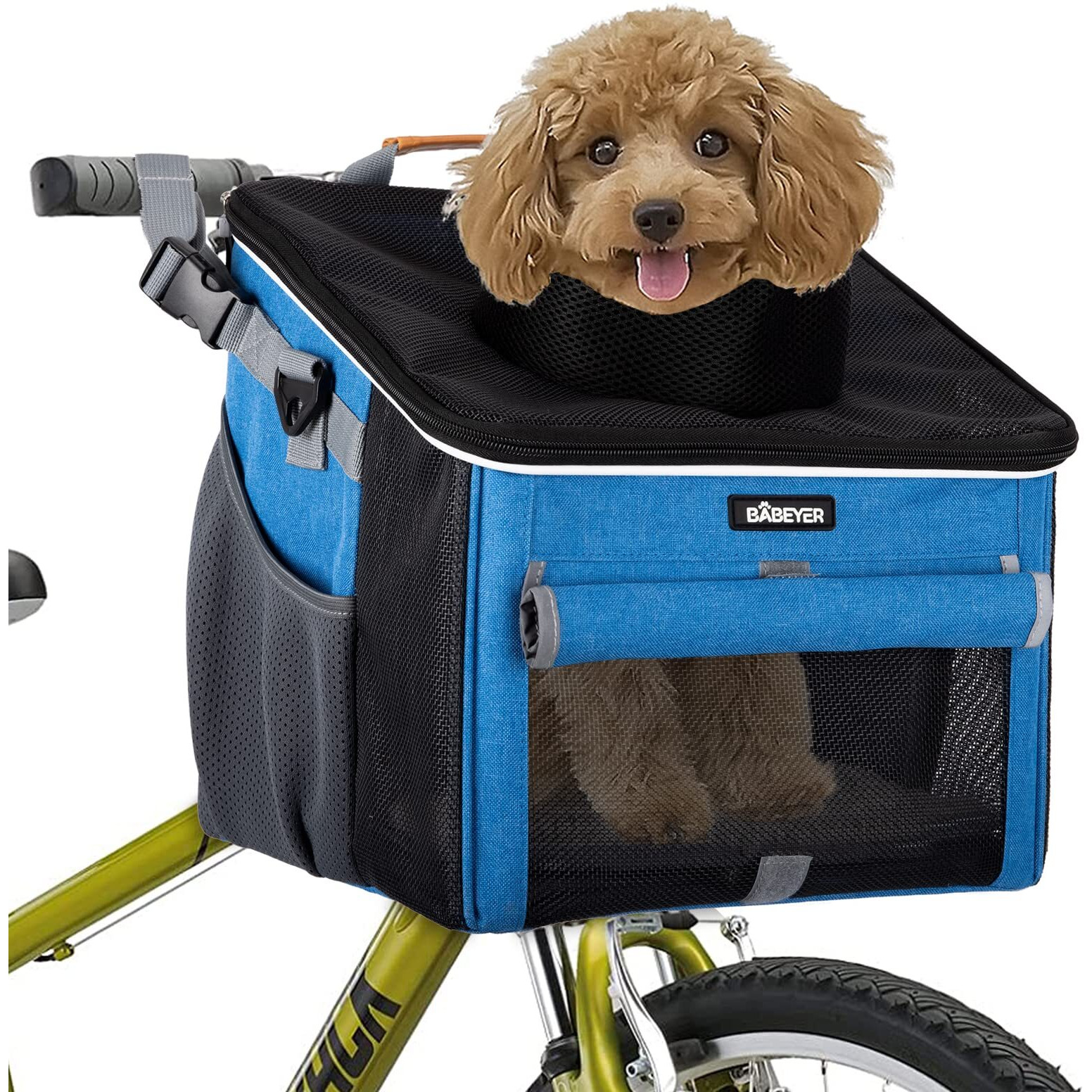 Babeyer Dog Bike Basket  Soft-Sided Pet Bike Carrier With 4 Mesh Windows For Small Dog Cat Puppies - Blue