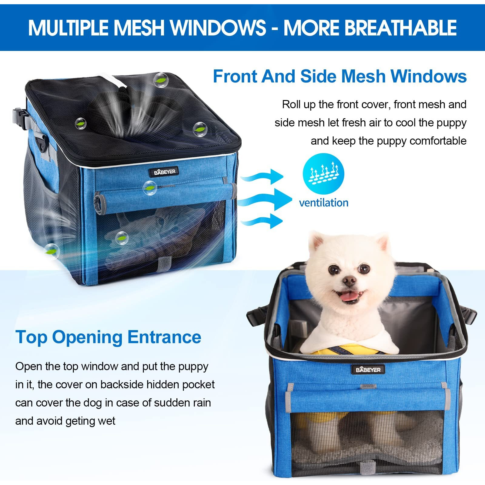 Babeyer Dog Bike Basket  Soft-Sided Pet Bike Carrier With 4 Mesh Windows For Small Dog Cat Puppies - Blue