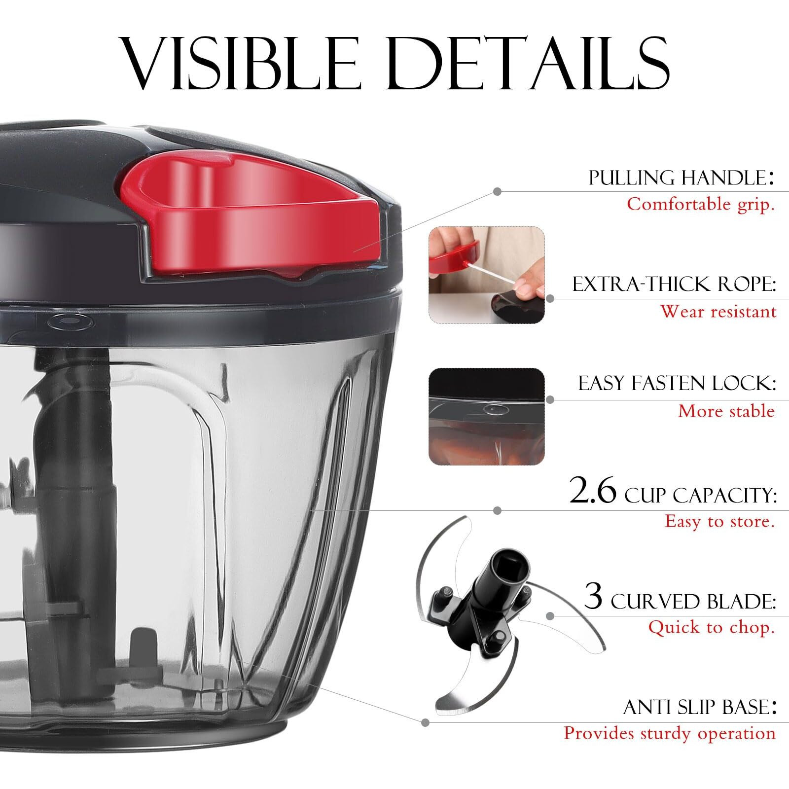 Ourokhome Hand Pull Food Processor - Portable Manual String Vegetable Chopper Small Kitchen Speed Mincer For Veggie  Garlic  Onion  Ginger  Etc  650 Ml  Black And Red
