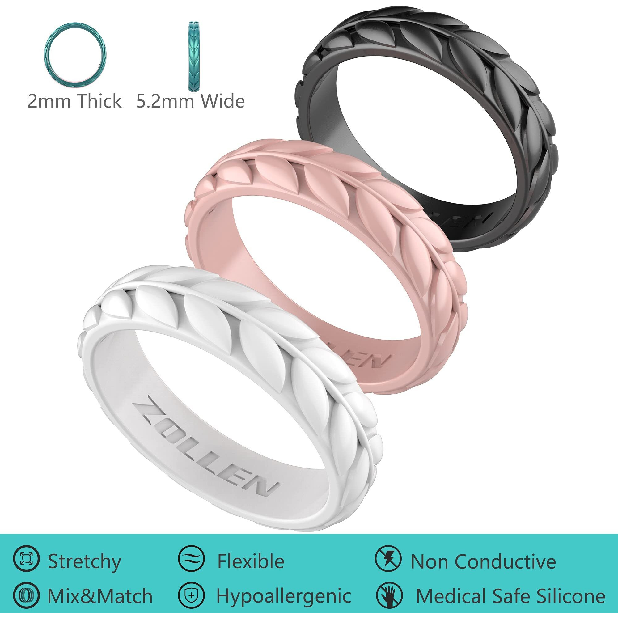 Zollen 4 Packs Olive Leaves Silicone Wedding Rings For Women  Rubber Wedding Bands Stackable Ring  Hypoallergenic Silicone  Size 5
