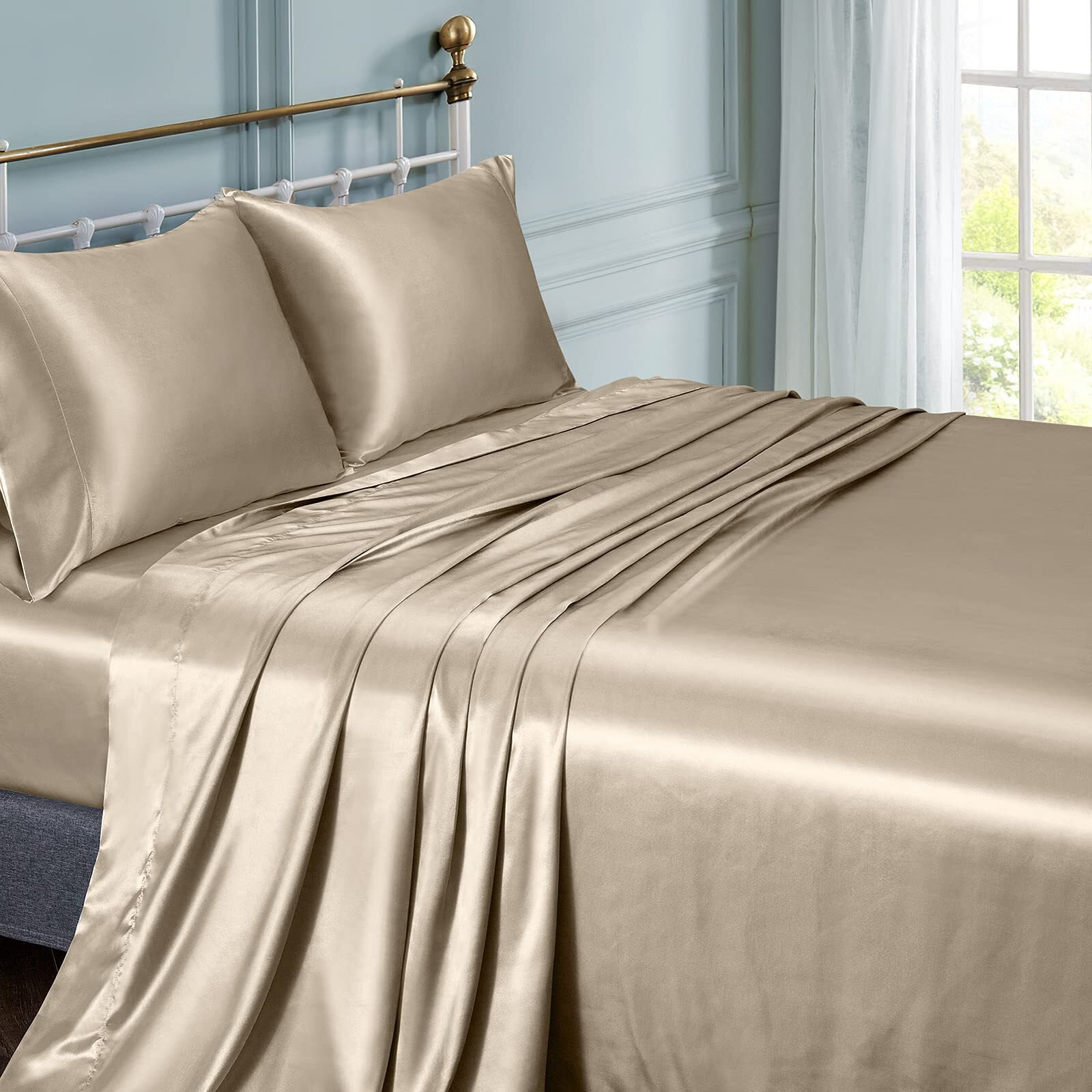 Vonty Satin Sheets Silky Satin Sheet Set  Deep Pocket Fitted Sheet + Flat Sheet + Pillowcase Bedding Set (California King  Taupe)