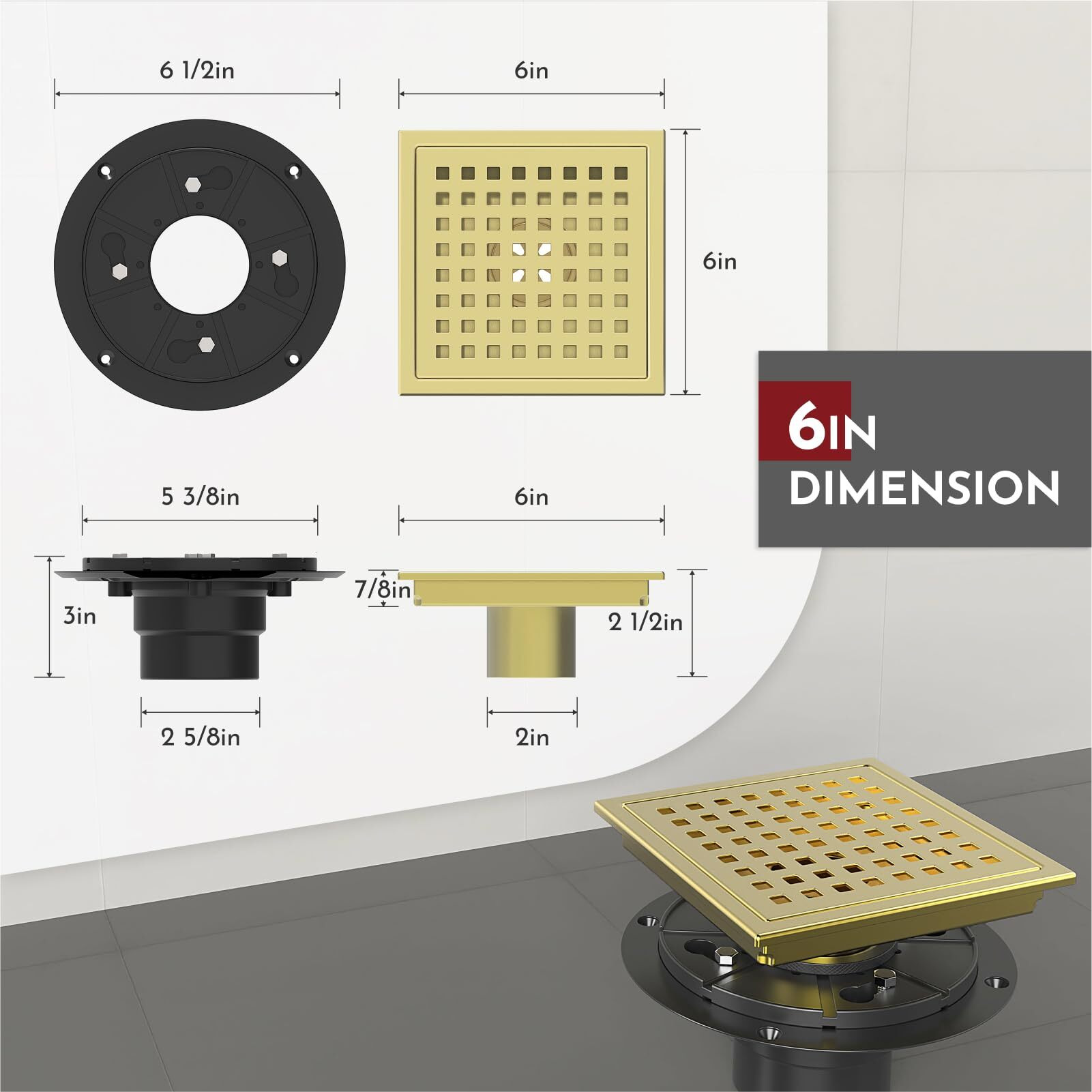 Webang 6 Inch Square Shower Floor Drain With Flange Quadrato Pattern Grate Removable Food-Grade Sus 304 Stainless Steel Watermark&Cupc Certified  Brushed Gold