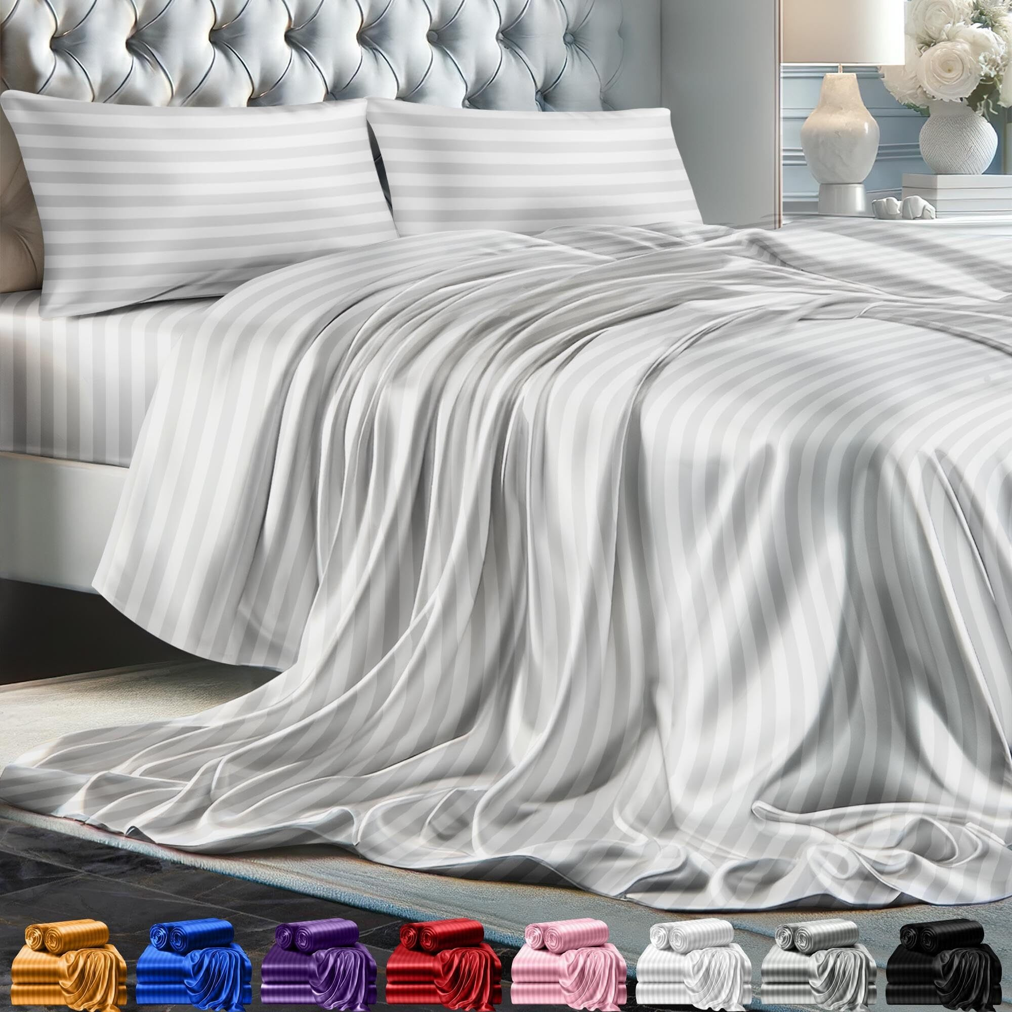 Decolure Striped Satin Sheets Set King 4Pc - Comfy Luxury Silk Feel Satin Sheets King - Elegant Silky Soft King Size Satin Bed Sheets Hypoallergenic Wrinkle-Free Satin Sheets With Deep Pocket (White)