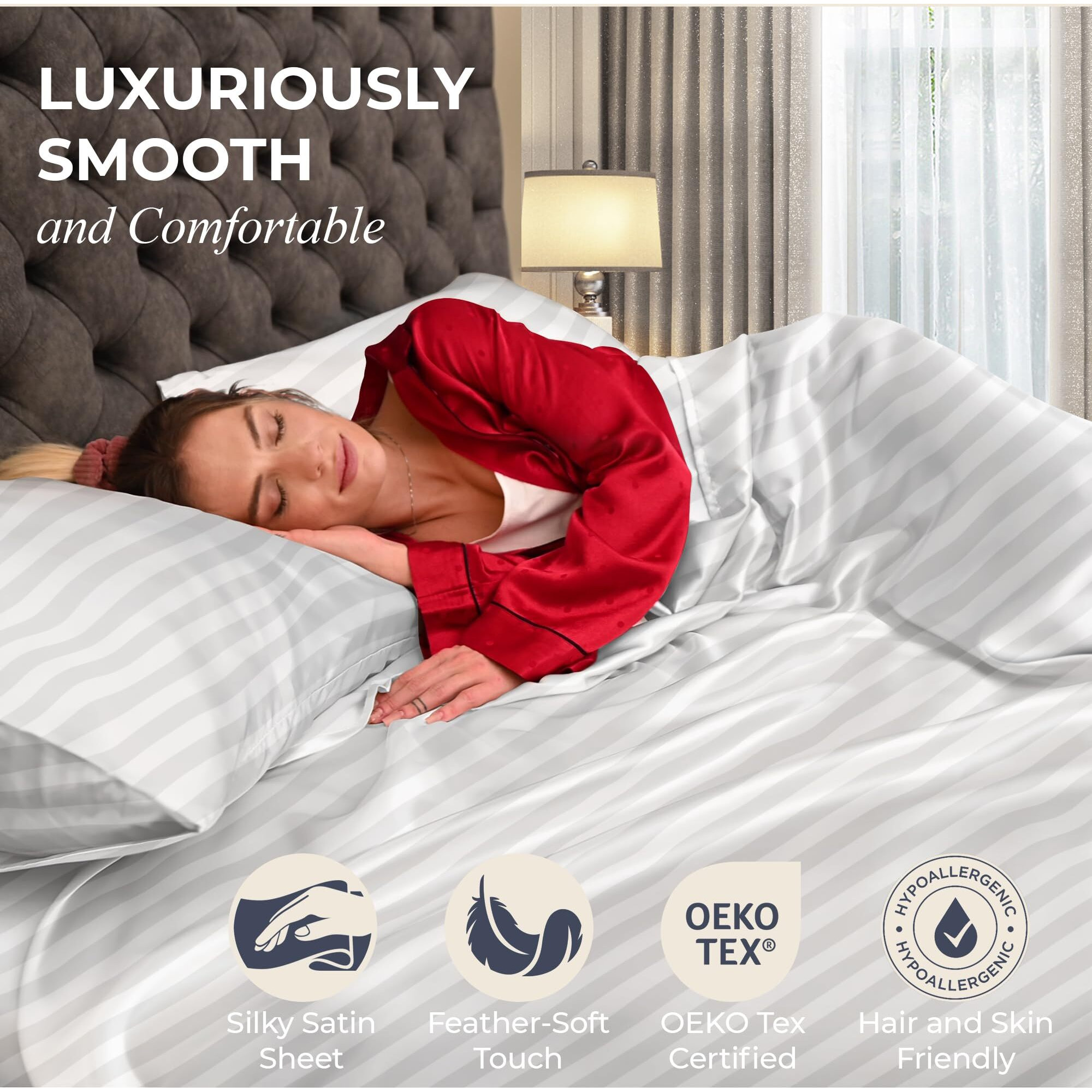 Decolure Striped Satin Sheets Set King 4Pc - Comfy Luxury Silk Feel Satin Sheets King - Elegant Silky Soft King Size Satin Bed Sheets Hypoallergenic Wrinkle-Free Satin Sheets With Deep Pocket (White)