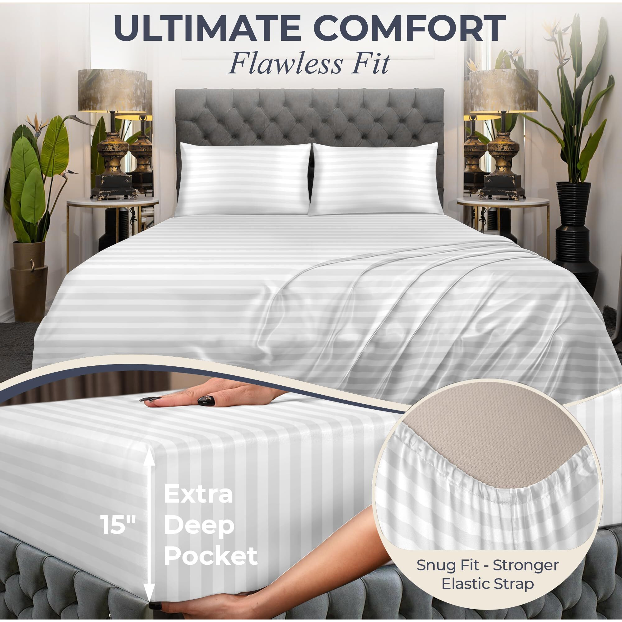 Decolure Striped Satin Sheets Set King 4Pc - Comfy Luxury Silk Feel Satin Sheets King - Elegant Silky Soft King Size Satin Bed Sheets Hypoallergenic Wrinkle-Free Satin Sheets With Deep Pocket (White)
