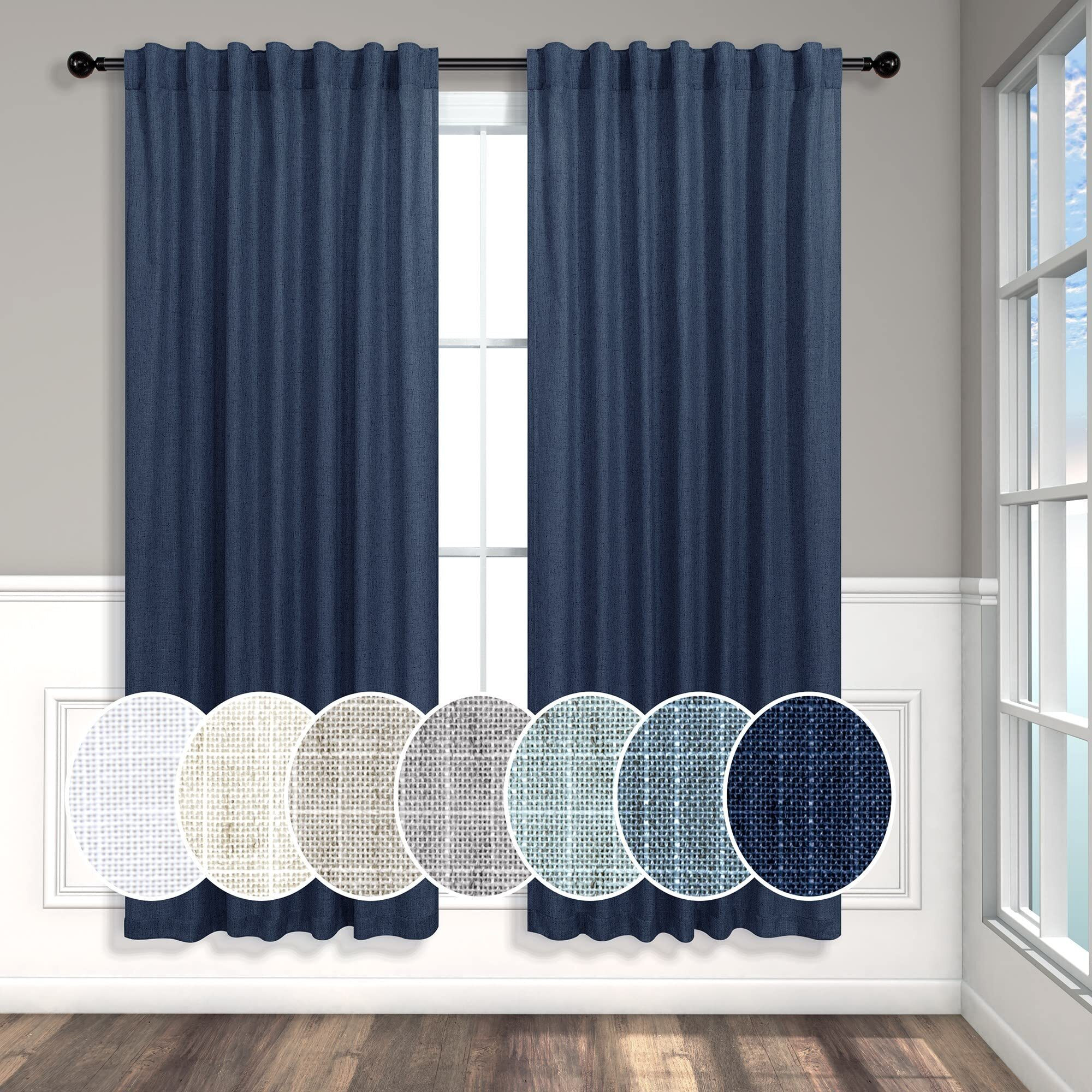 Navy Blue Curtains 63 Inch Length For Boys Room 2 Panel Back Tab Pocket Linen Semi Sheer Woven Textured Indigo Dark Blue Curtain For Kids Bedroom Nursery Game Playroom Nautical Farmhouse 52X63 Long