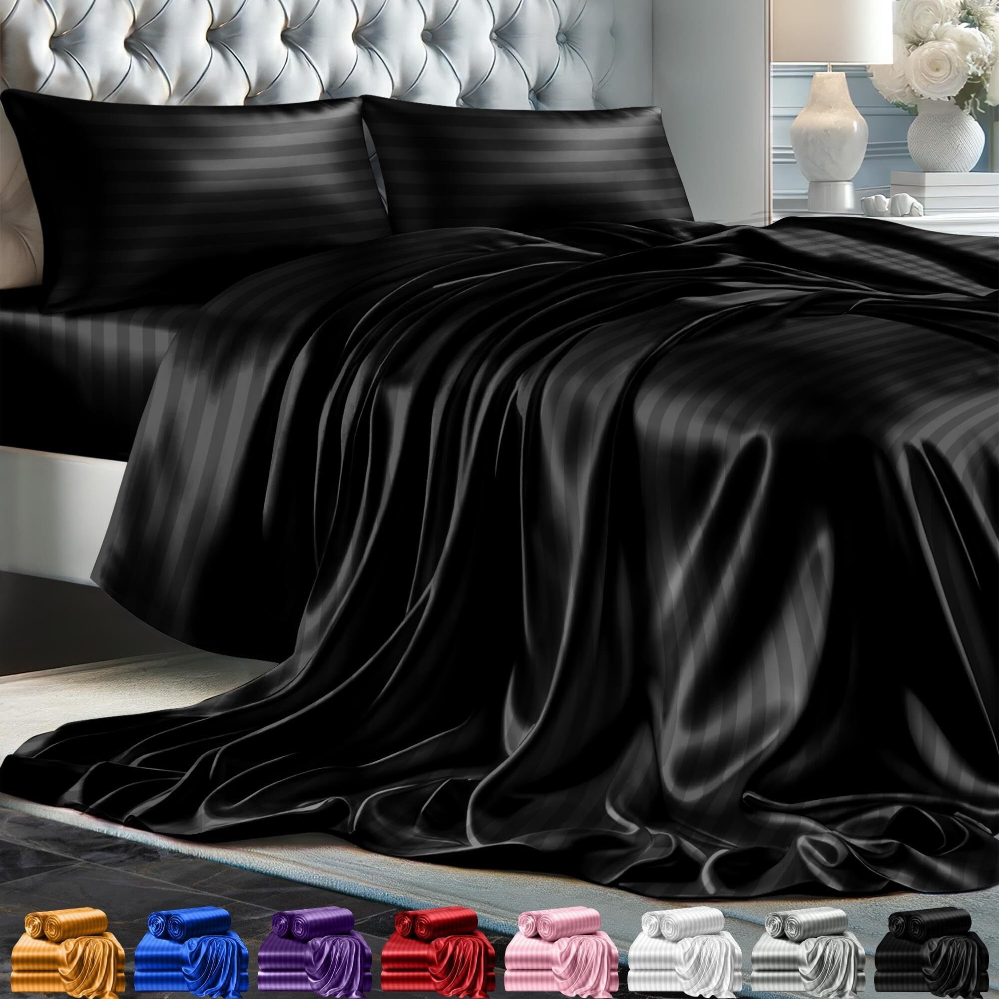 Decolure Striped Satin Sheets Set King 4Pc - Comfy Luxury Silk Feel Satin Sheets King - Elegant Silky Soft King Size Satin Bed Sheets Hypoallergenic Wrinkle-Free Satin Sheets With Deep Pocket (Black)