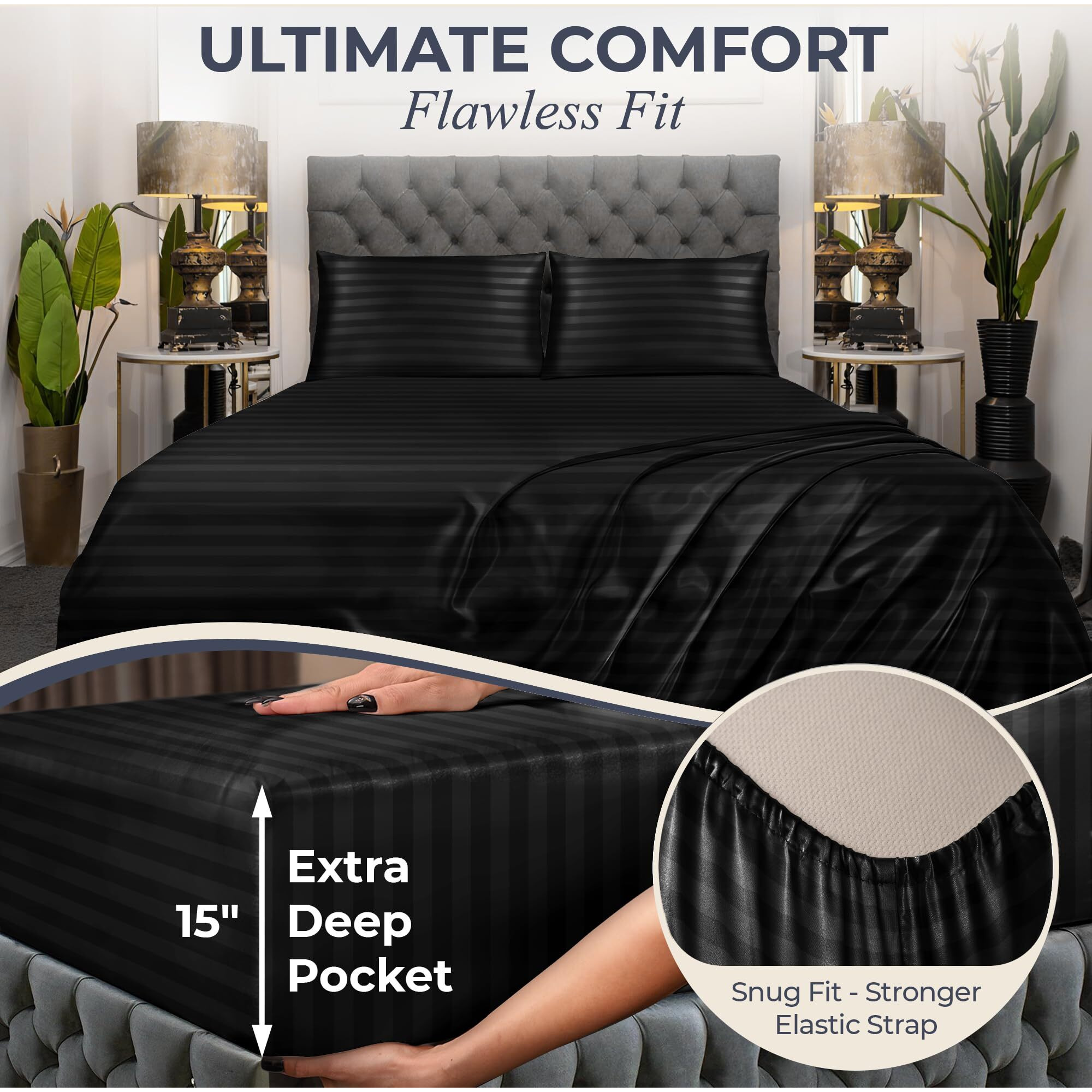 Decolure Striped Satin Sheets Set King 4Pc - Comfy Luxury Silk Feel Satin Sheets King - Elegant Silky Soft King Size Satin Bed Sheets Hypoallergenic Wrinkle-Free Satin Sheets With Deep Pocket (Black)