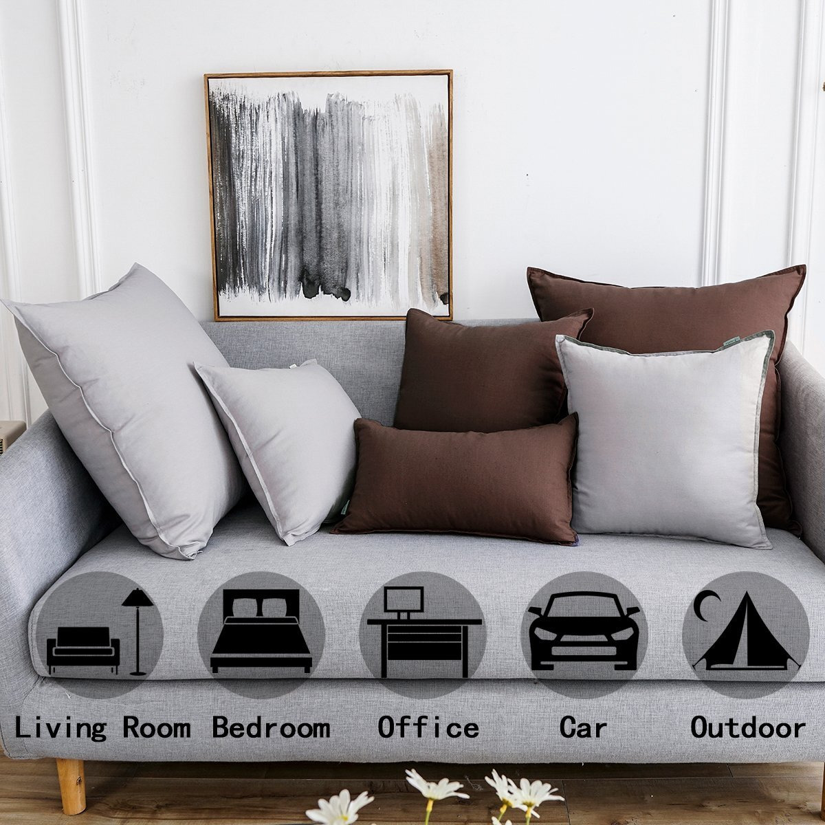 Jeanerlor 2 Pcs 12"&quotX20"" Cotton Linen Decorative Brown Lumbar Throw Pillow Case Waist Cushion Cover With Twin Needles Stitch On Edge For Office/Work/Home&Kitchen (30 X 50Cm)