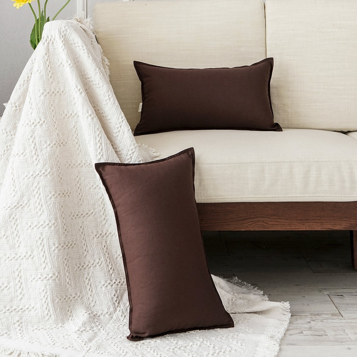 Jeanerlor 2 Pcs 12"&quotX20"" Cotton Linen Decorative Brown Lumbar Throw Pillow Case Waist Cushion Cover With Twin Needles Stitch On Edge For Office/Work/Home&Kitchen (30 X 50Cm)