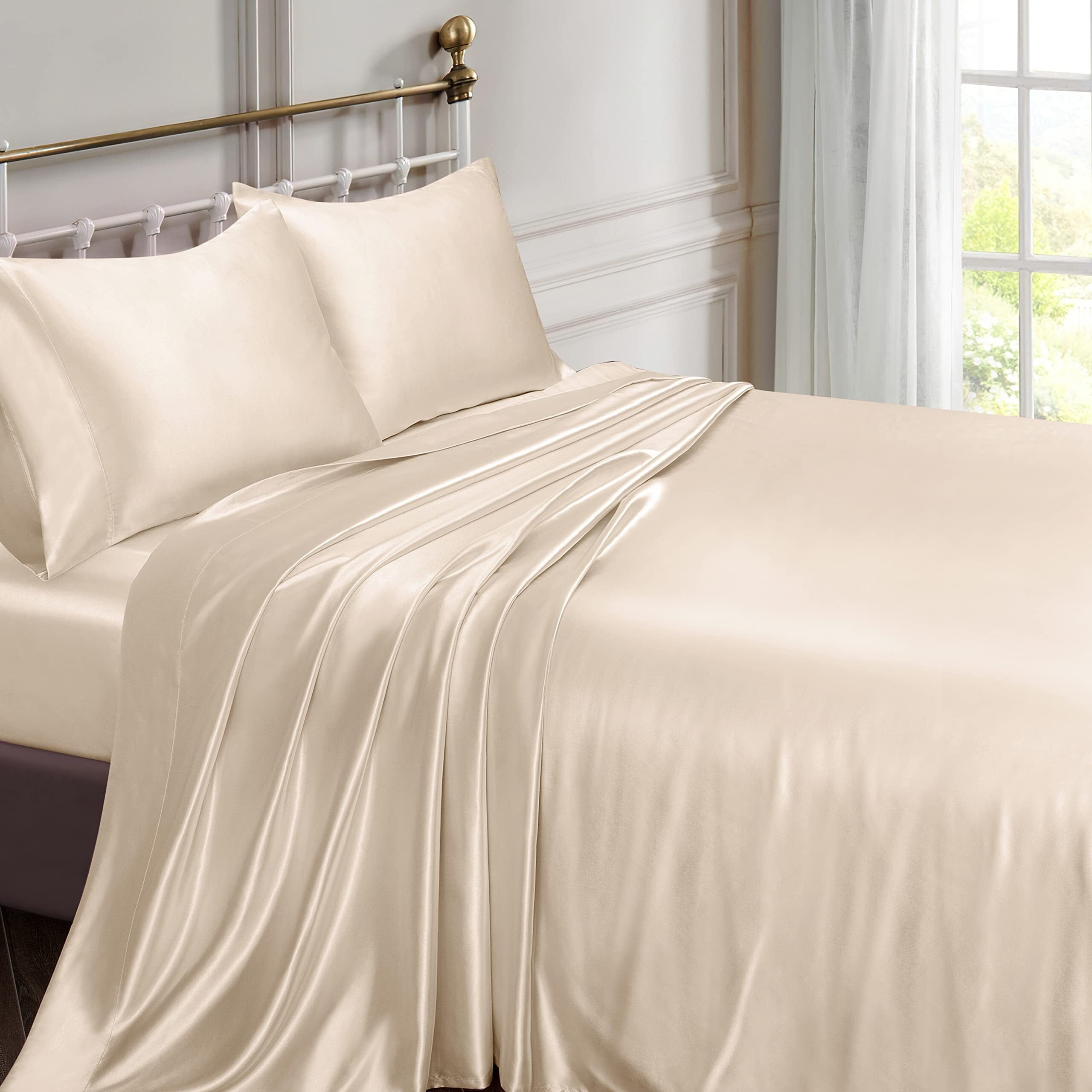 Vonty Satin Sheets Queen Silky Soft Satin Bed Sheets Beige Satin Sheet Set  1 Deep Pocket Fitted Sheet + 1 Flat Sheet + 2 Pillowcases