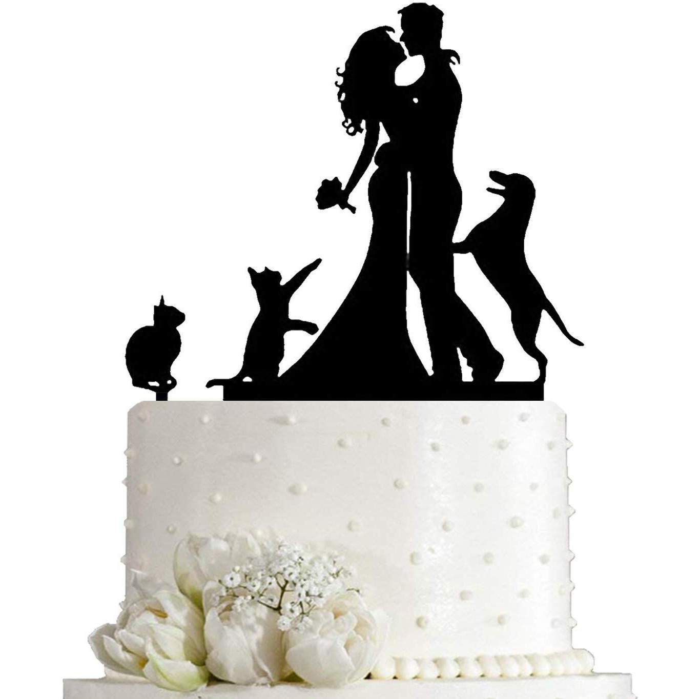 Kissing Bride And Groom With Cat And Dog Silhouette Wedding Acrylic Cake Topper (Black)