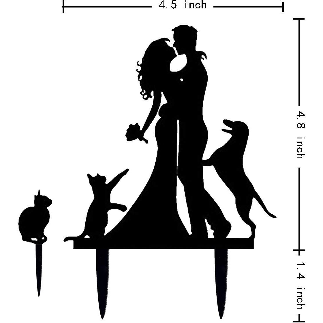 Kissing Bride And Groom With Cat And Dog Silhouette Wedding Acrylic Cake Topper (Black)