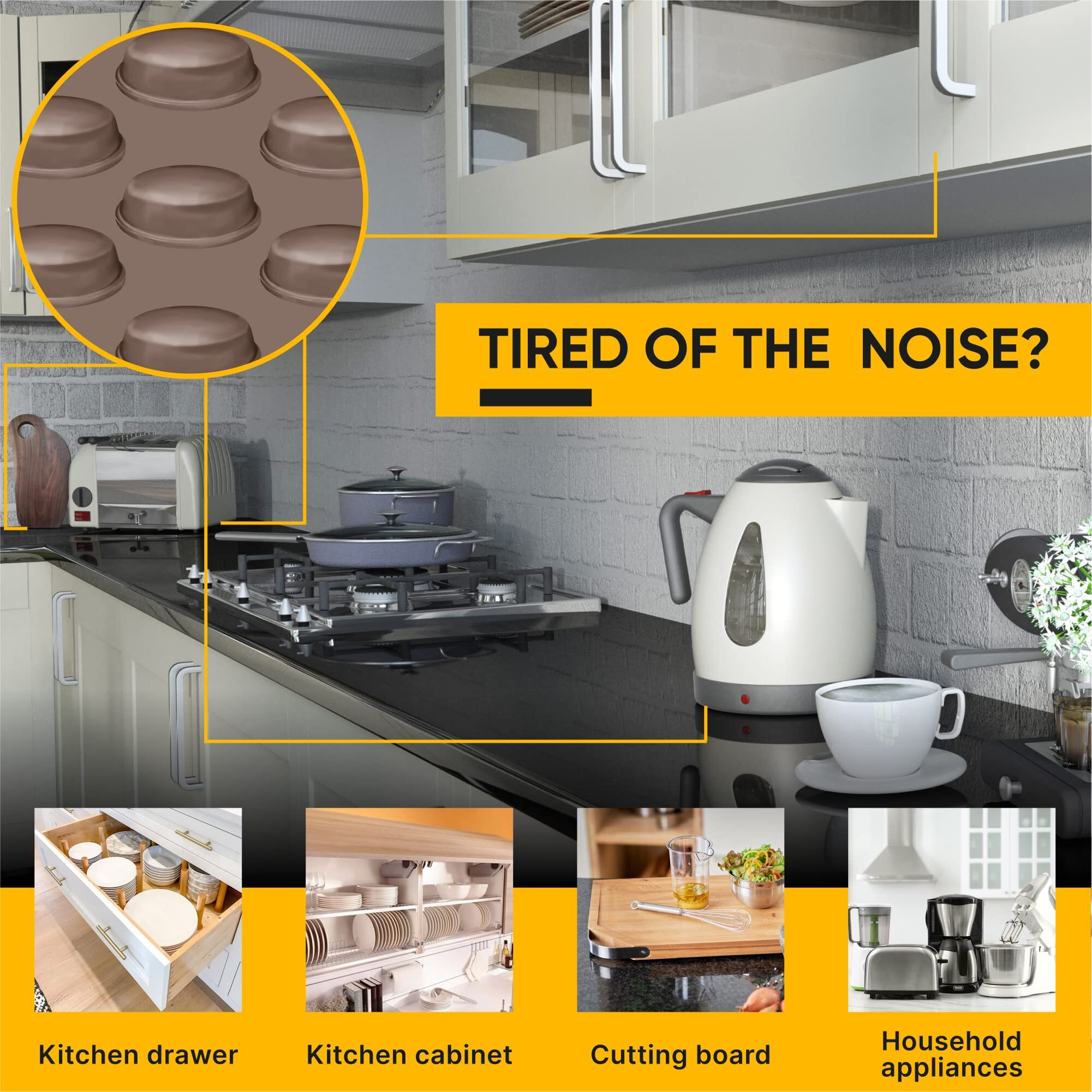 Vellax Cabinet Door Bumpers 128 Pcs - 1/2  Diameter Brown Self Adhesive Pads  Cabinet Stoppers  Rubber Bumpers For Drawers  Cupboards  Cutting Boards  Glass Tops  Picture Frames  Kitchen Furniture
