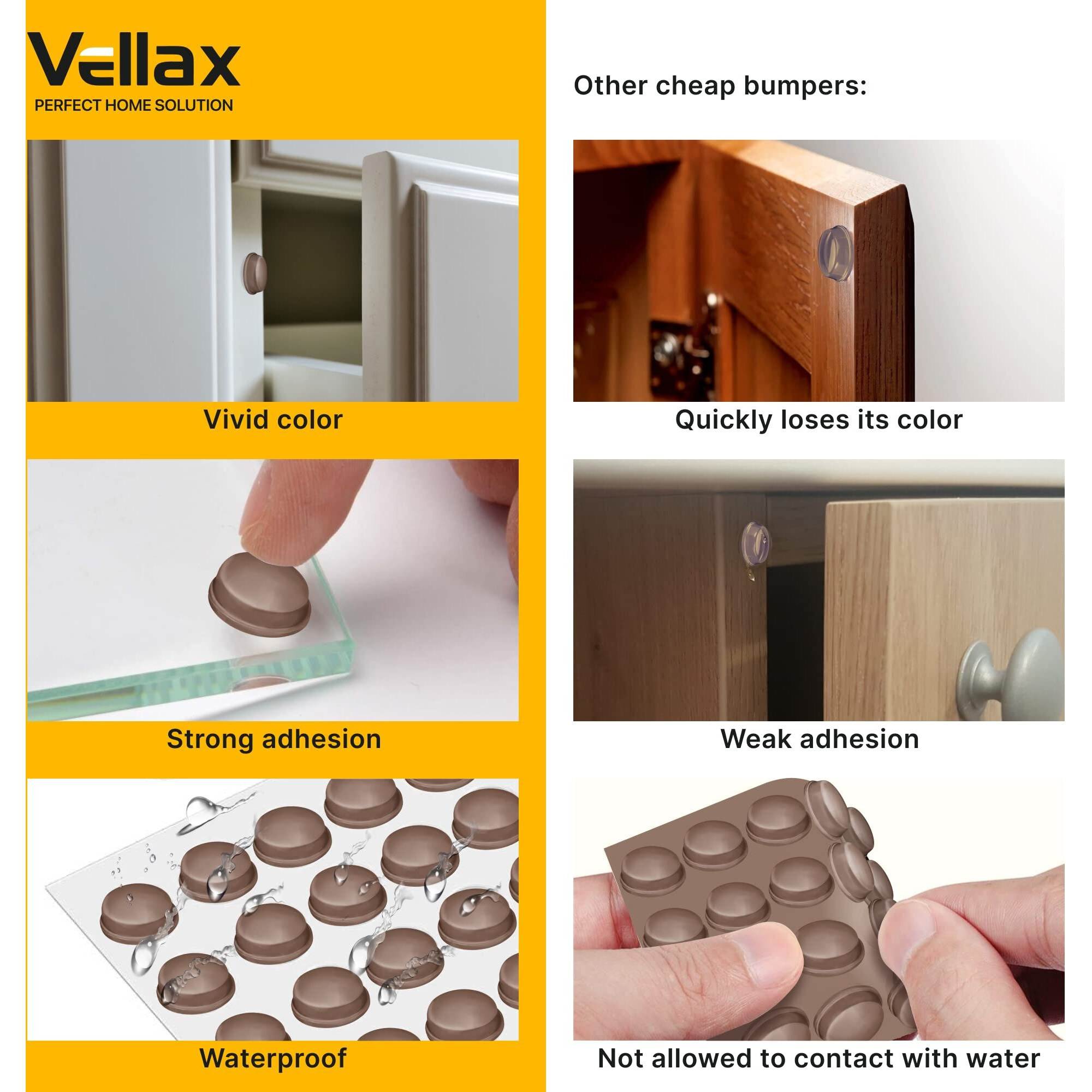 Vellax Cabinet Door Bumpers 128 Pcs - 1/2  Diameter Brown Self Adhesive Pads  Cabinet Stoppers  Rubber Bumpers For Drawers  Cupboards  Cutting Boards  Glass Tops  Picture Frames  Kitchen Furniture