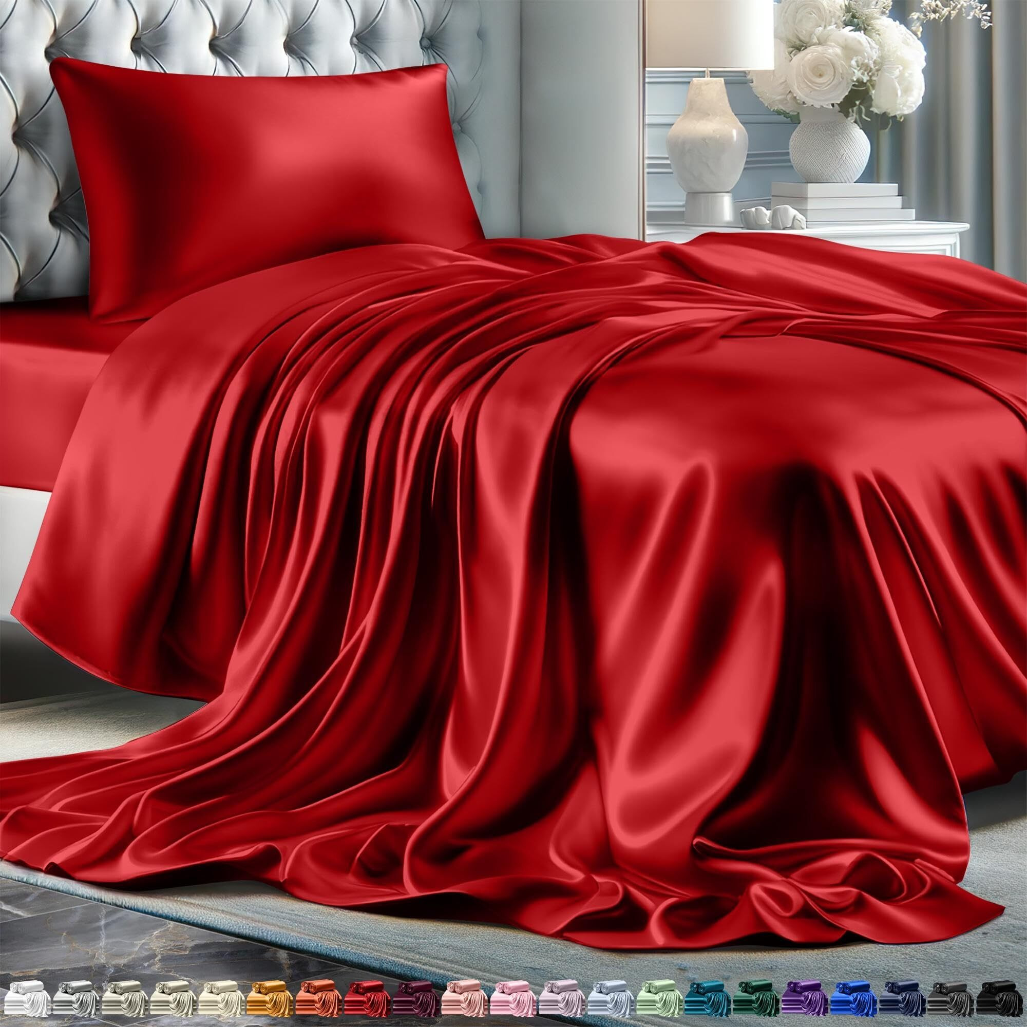 Decolure Satin Sheets Twin Size Set 3 Pcs - Silky & Luxuriously Soft Satin Bed Sheets W/ 15 Inch Deep Pocket - Similar To Silk Sheets - Double Stitching  Wrinkle Free (Red)