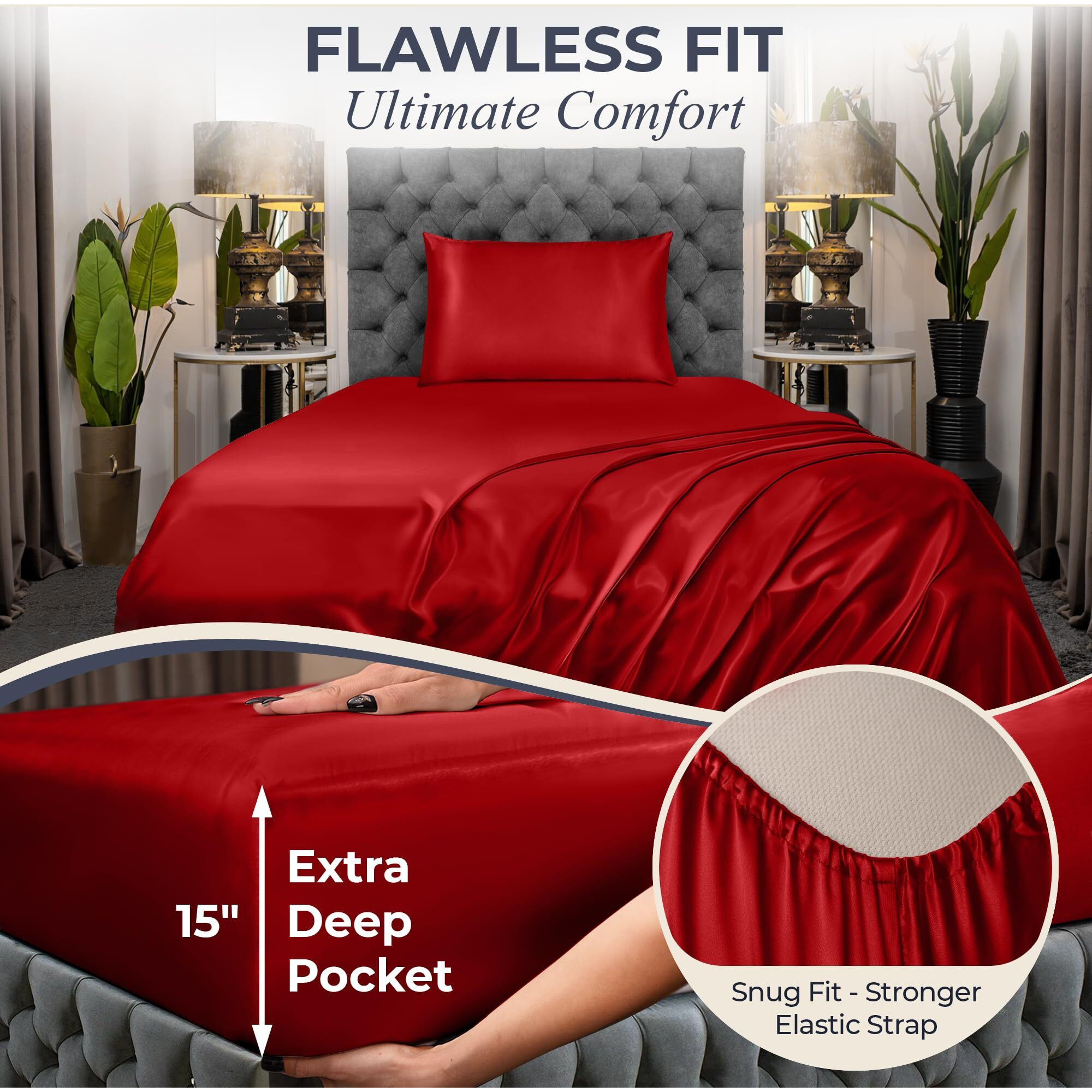 Decolure Satin Sheets Twin Size Set 3 Pcs - Silky & Luxuriously Soft Satin Bed Sheets W/ 15 Inch Deep Pocket - Similar To Silk Sheets - Double Stitching  Wrinkle Free (Red)