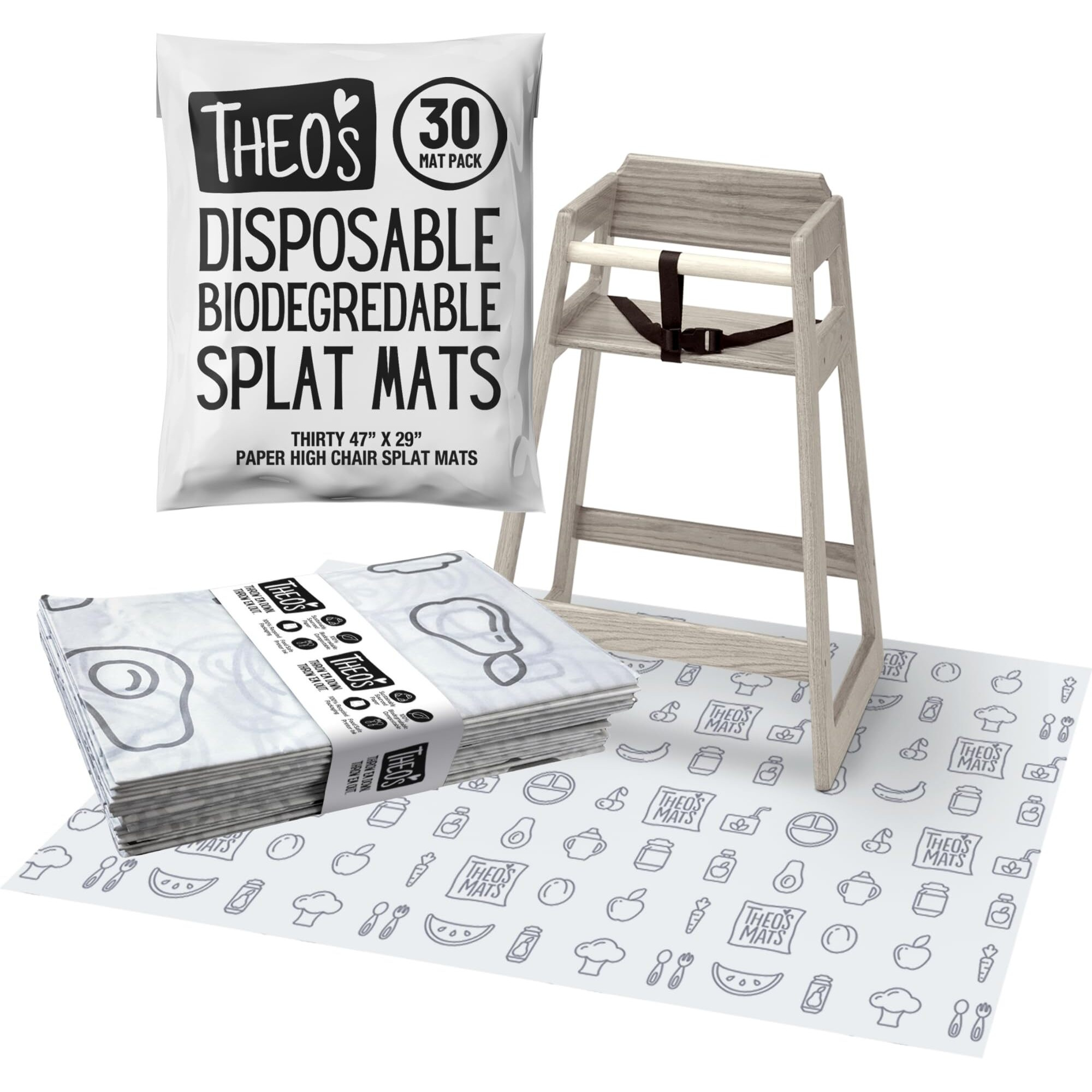30 Pack | Disposable Splat Mats | Biodegradable + Compostable | Theo's Mats | Under Highchair Splat Mat For Floor | Baby Led Weaning Supplies | (Theo001)