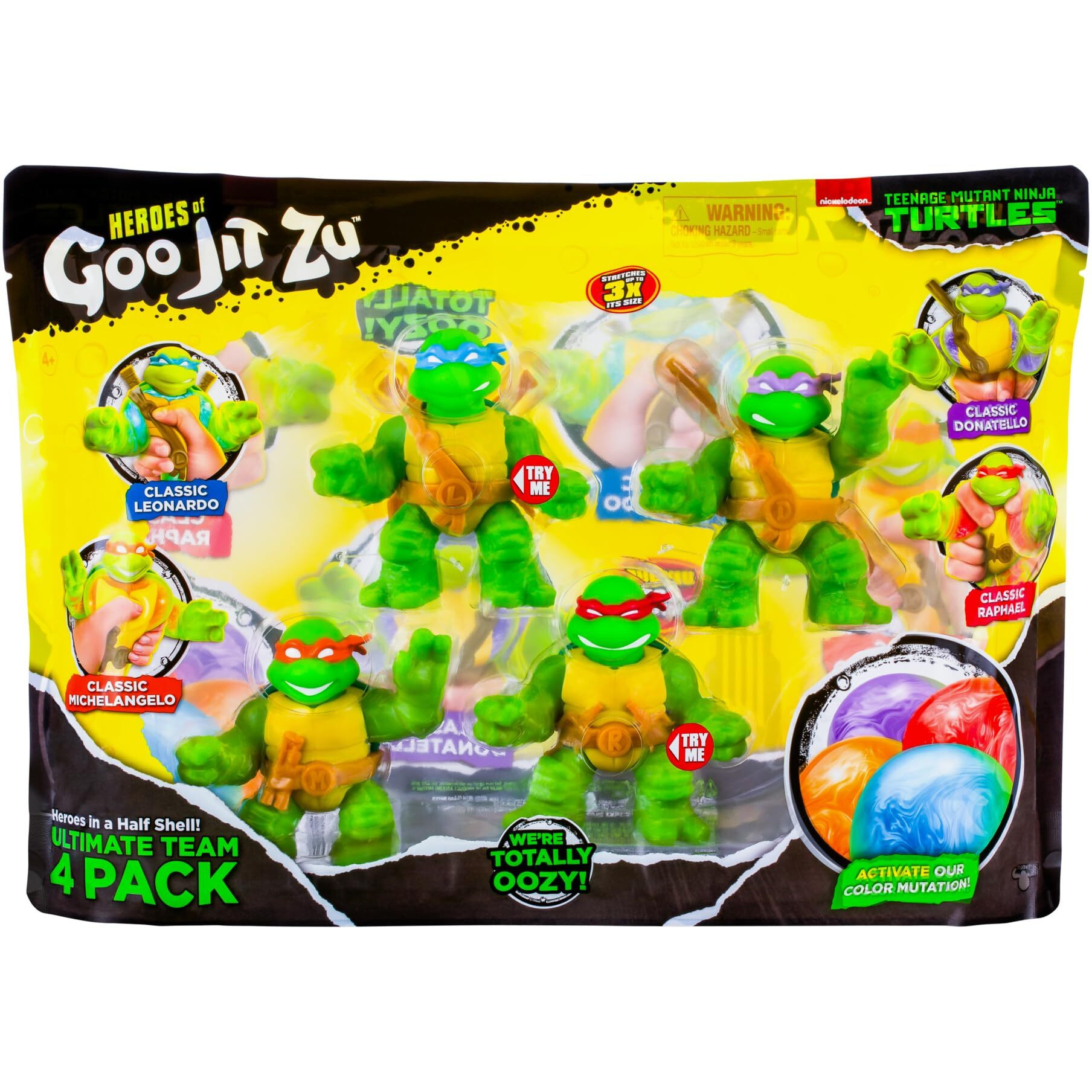 Heroes Of Goo Jit Zu Teenage Mutant Ninja Turtles | 4 Pack | Super Oozy Toy Figures | Classic Donatello  Classic Michelangelo  Classic Leonardo & Classic Raphael | With Different Colored Mutations