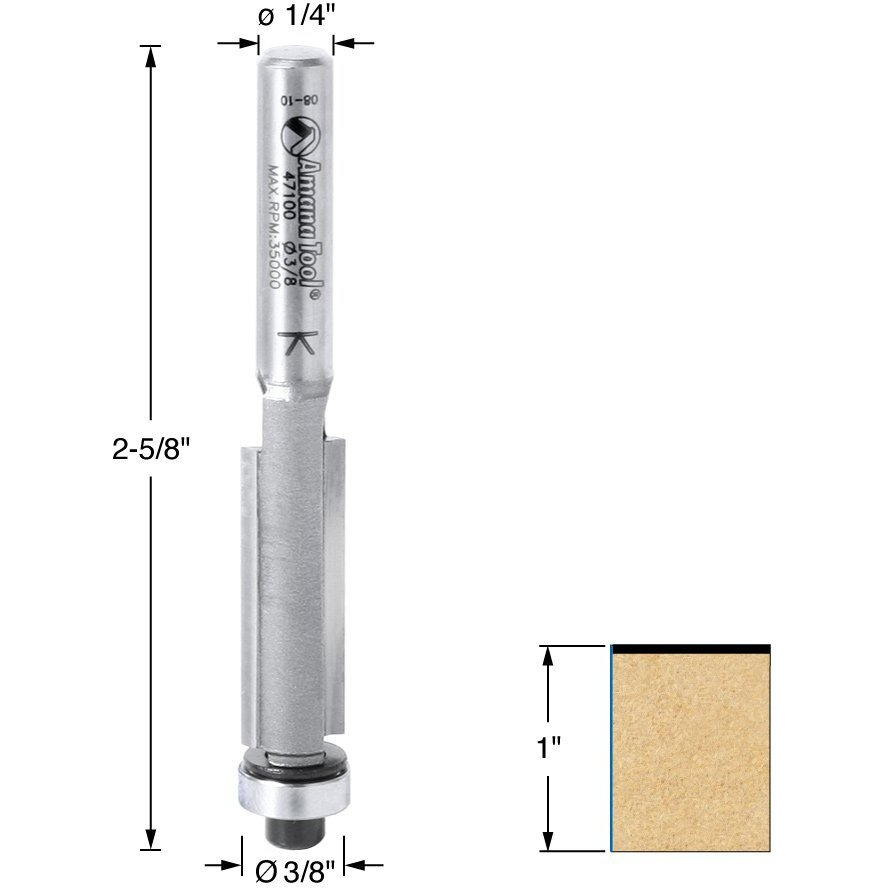 Amana Tool - 47100 Carbide Tipped Flush Trim 3/8 Dia X 1"" 4 Shank