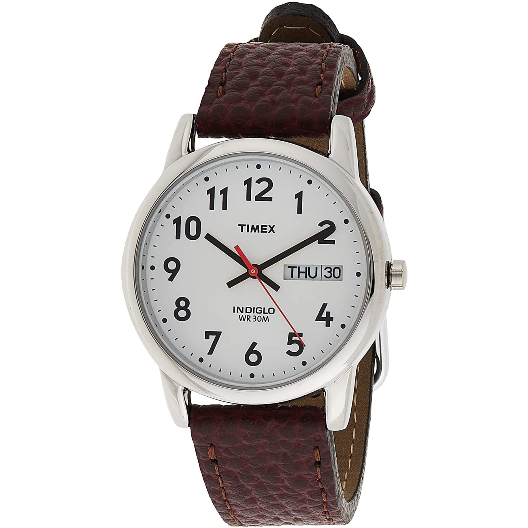 Timex Men's Easy Reader 35Mm Day-Date Watch - Silver-Tone Case White Dial With Dark Brown Leather Strap