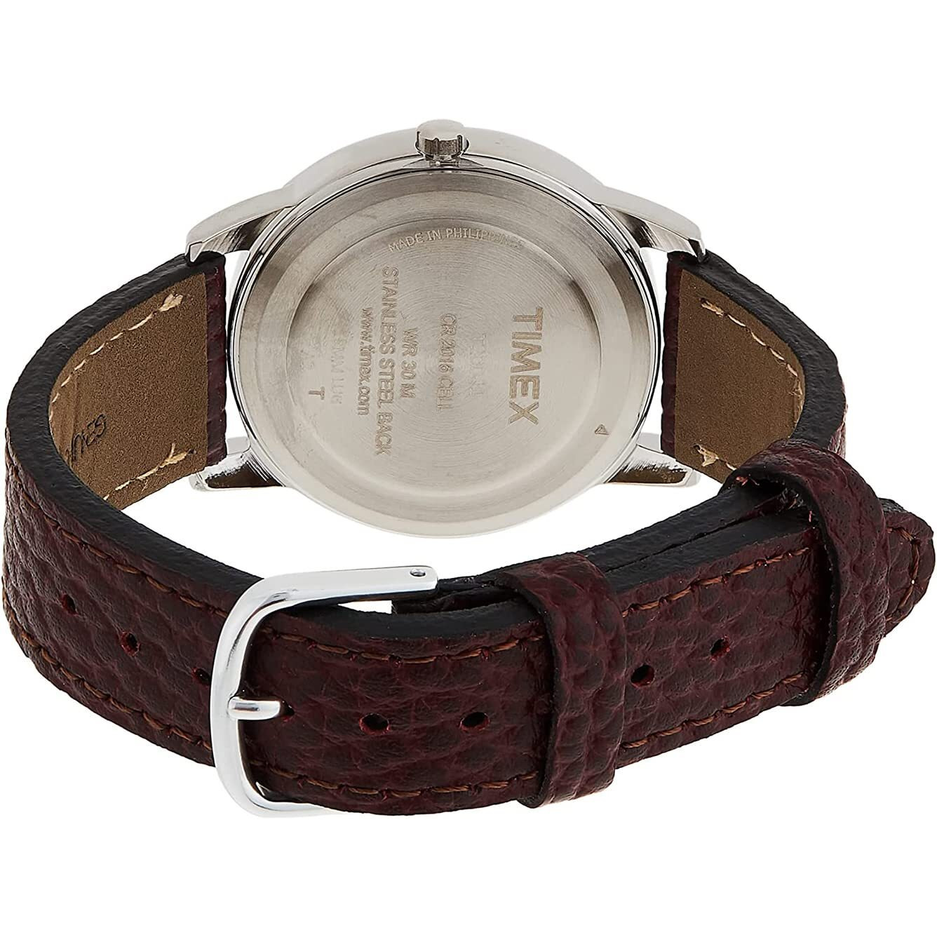 Timex Men's Easy Reader 35Mm Day-Date Watch - Silver-Tone Case White Dial With Dark Brown Leather Strap