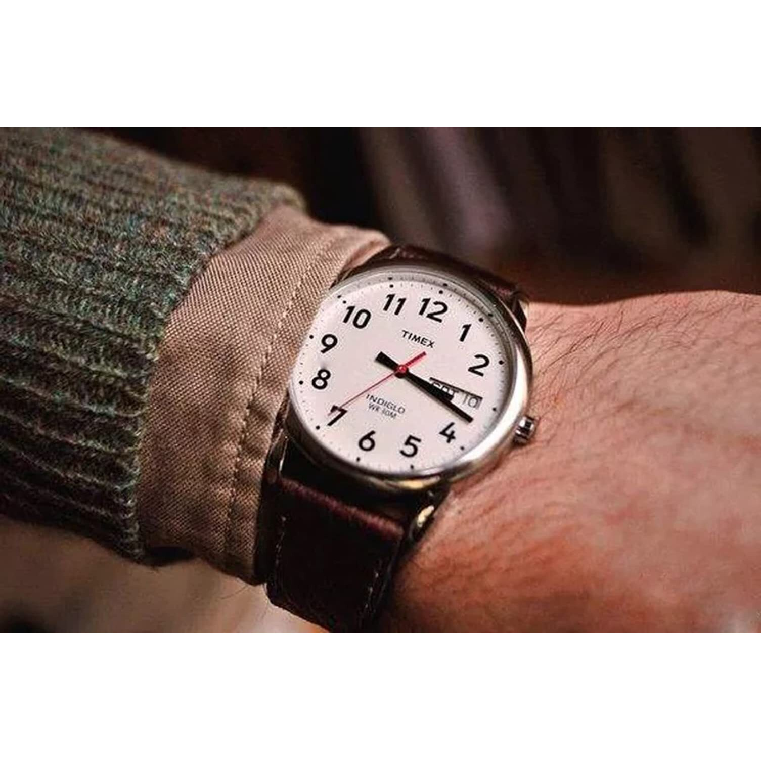 Timex Men's Easy Reader 35Mm Day-Date Watch - Silver-Tone Case White Dial With Dark Brown Leather Strap