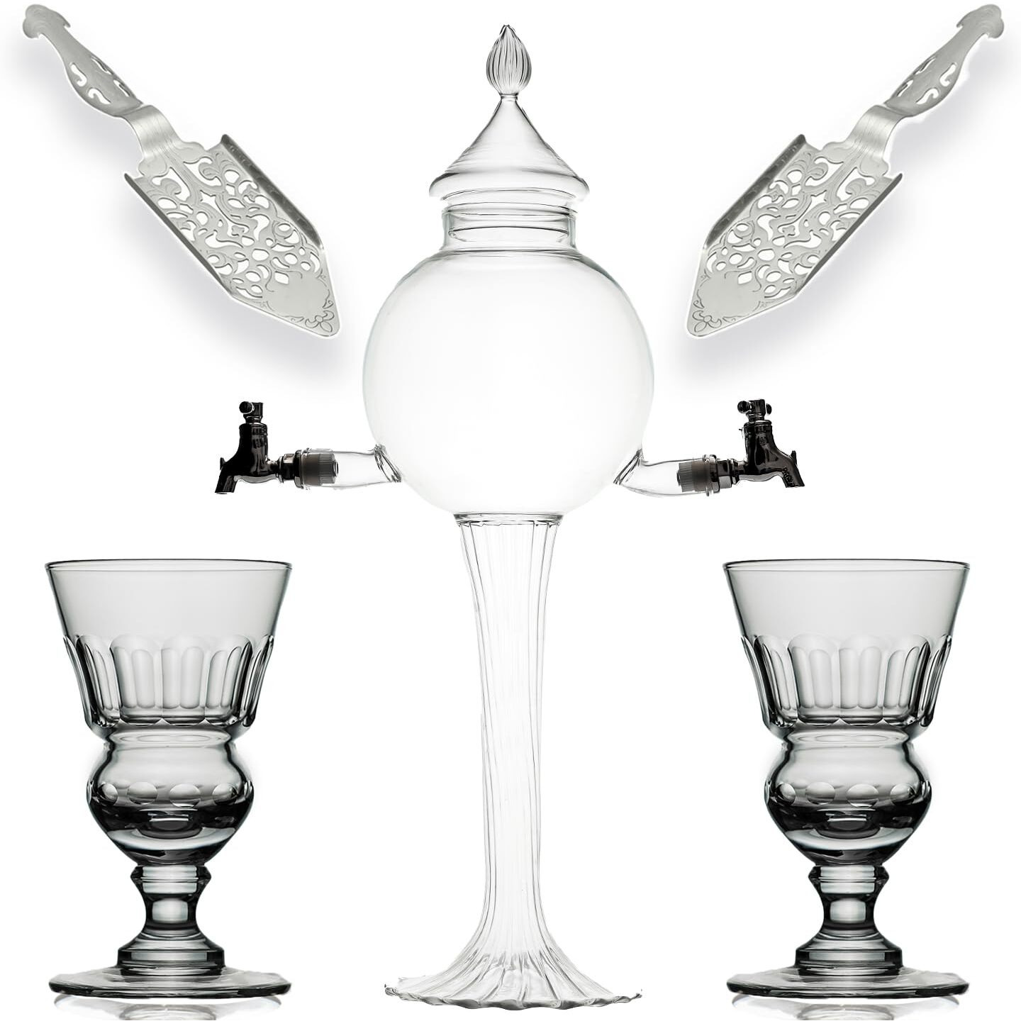 Absinthe Set - Glass Pearl Bubble Fountain Dripper With 2 Spouts  Absinthe Dripper Set  Complete With 2 Reservoir Pontarlier Glasses And Sugar Spoon Set