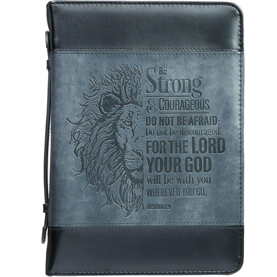 Christian Art Gifts Classic Faux Leather Bible Cover For Men And Women Be Strong And Courageous - Joshua 19 Inspirational Bible Verse With Lion  Gray And Black  Xl