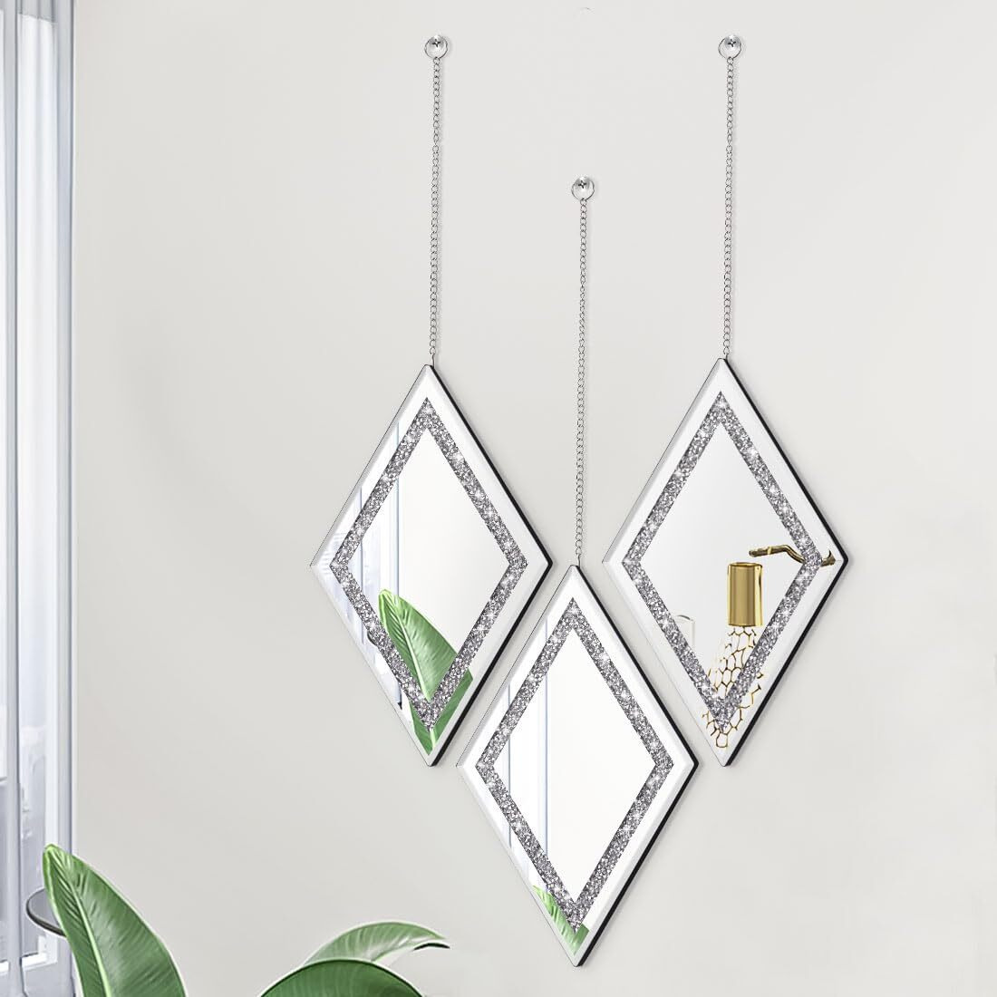 Pibeyer Silver Diamond Shaped Wall Mirror Set Of 3  Decorative Crystal Crush Diamond Mirrors For Bedroom  Living Room & Hallway  Home Decor