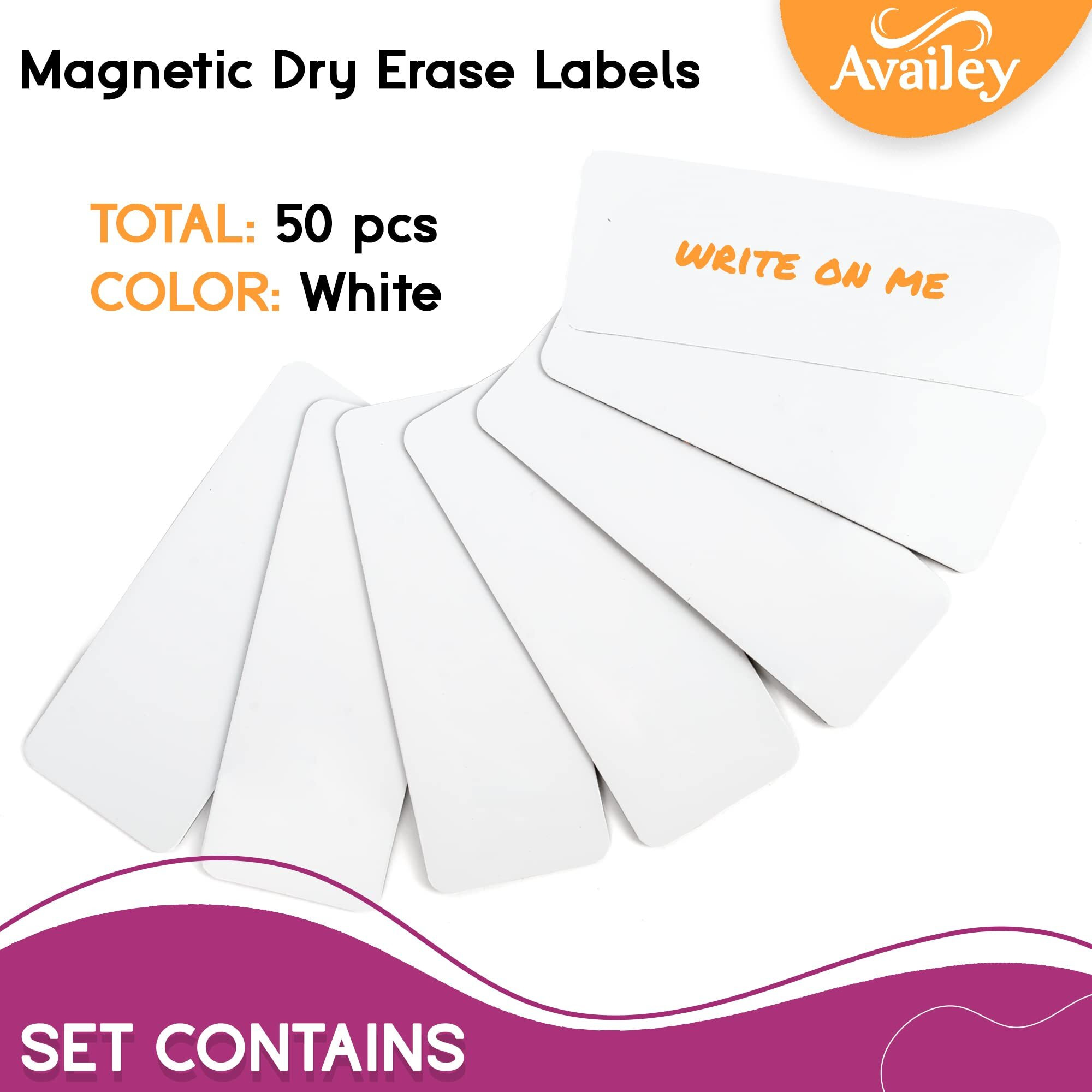 Availey 50 Pieces (3.2 X 1.2"") - White Magnetic Dry Erase Labels - Reusable Strips For Classroom Home Office Garage Refrigerator Blank Writable Erasable Cards Name Tags Students Locker Shelf