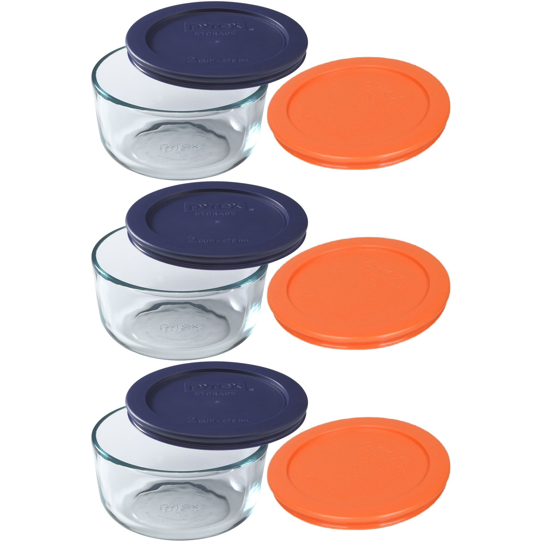 Pyrex Storage 2 Cup Clear Round Dish  Pack Of 3 Containers With 2 Color Lids