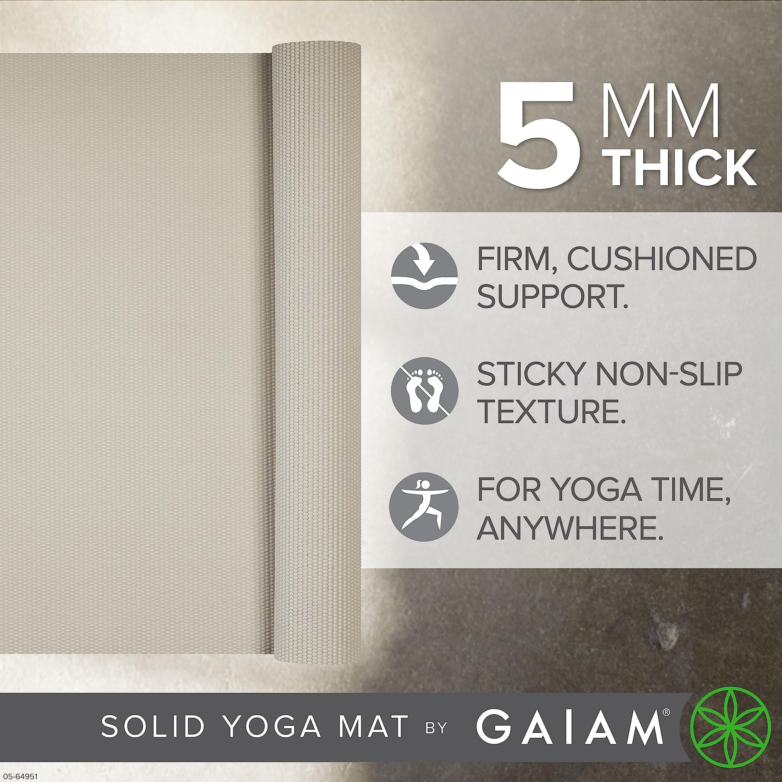 Gaiam Yoga Mat Premium Solid Color Non Slip Exercise & Fitness Mat For All Types Of Yoga  Pilates & Floor Workouts  Sandstone  5Mm