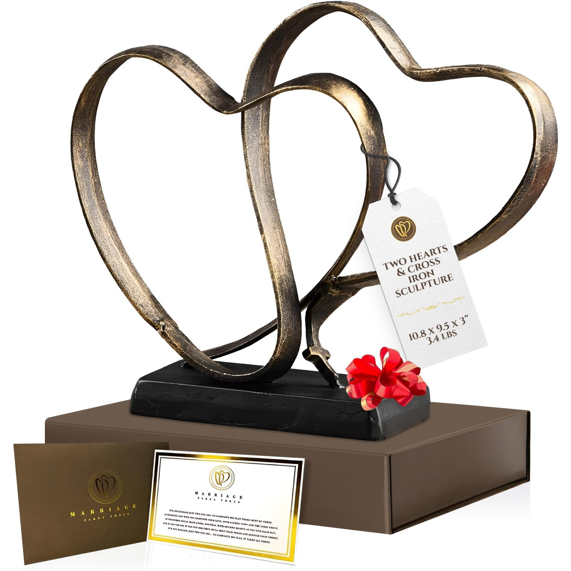 Utopish Wedding Anniversary Couples Gift - Two Hearts And Cross Iron Sculpture  Heart Decoration Gift For Her And Him  1St To 50Th Or 60Th Anniversary  Includes Gift Box And Poem Card