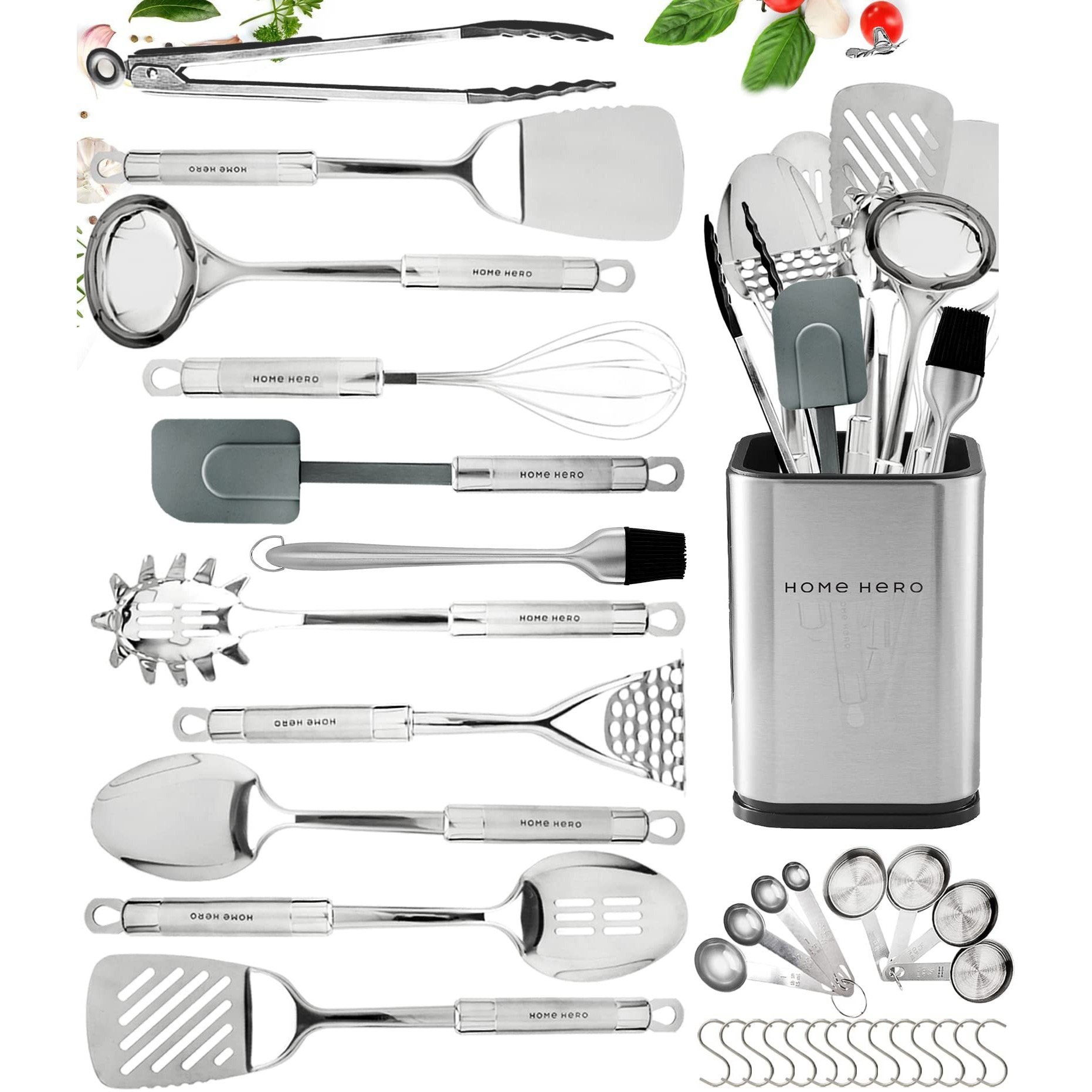 Home Hero 32 Pcs Stainless Steel Kitchen Utensils Set - Nonstick Stainless Steel Cooking Utensils Set - Heat Resistant Kitchen Essentials & Metal Kitchen Gadgets (32 Pcs Set)