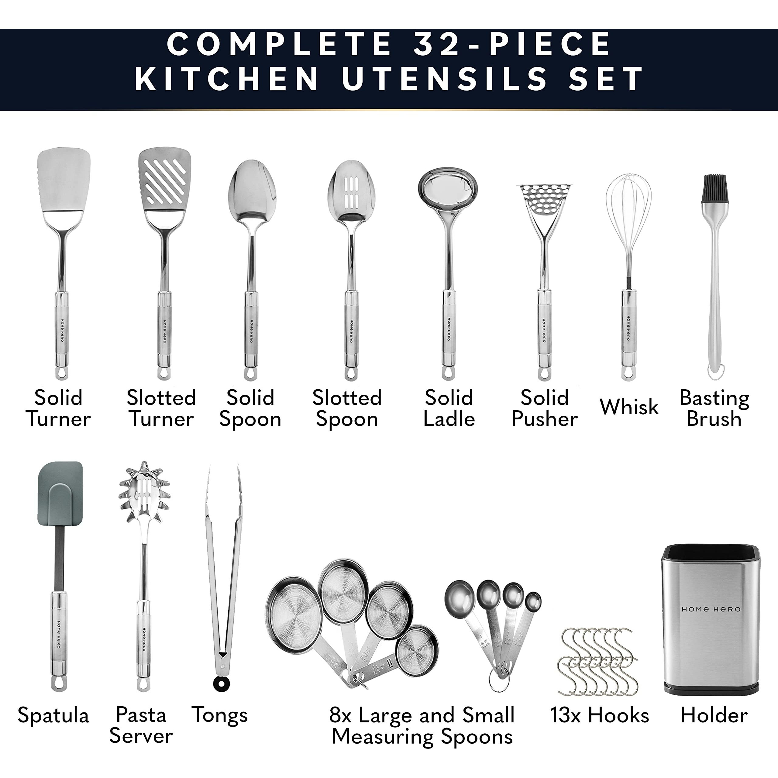 Home Hero 32 Pcs Stainless Steel Kitchen Utensils Set - Nonstick Stainless Steel Cooking Utensils Set - Heat Resistant Kitchen Essentials & Metal Kitchen Gadgets (32 Pcs Set)
