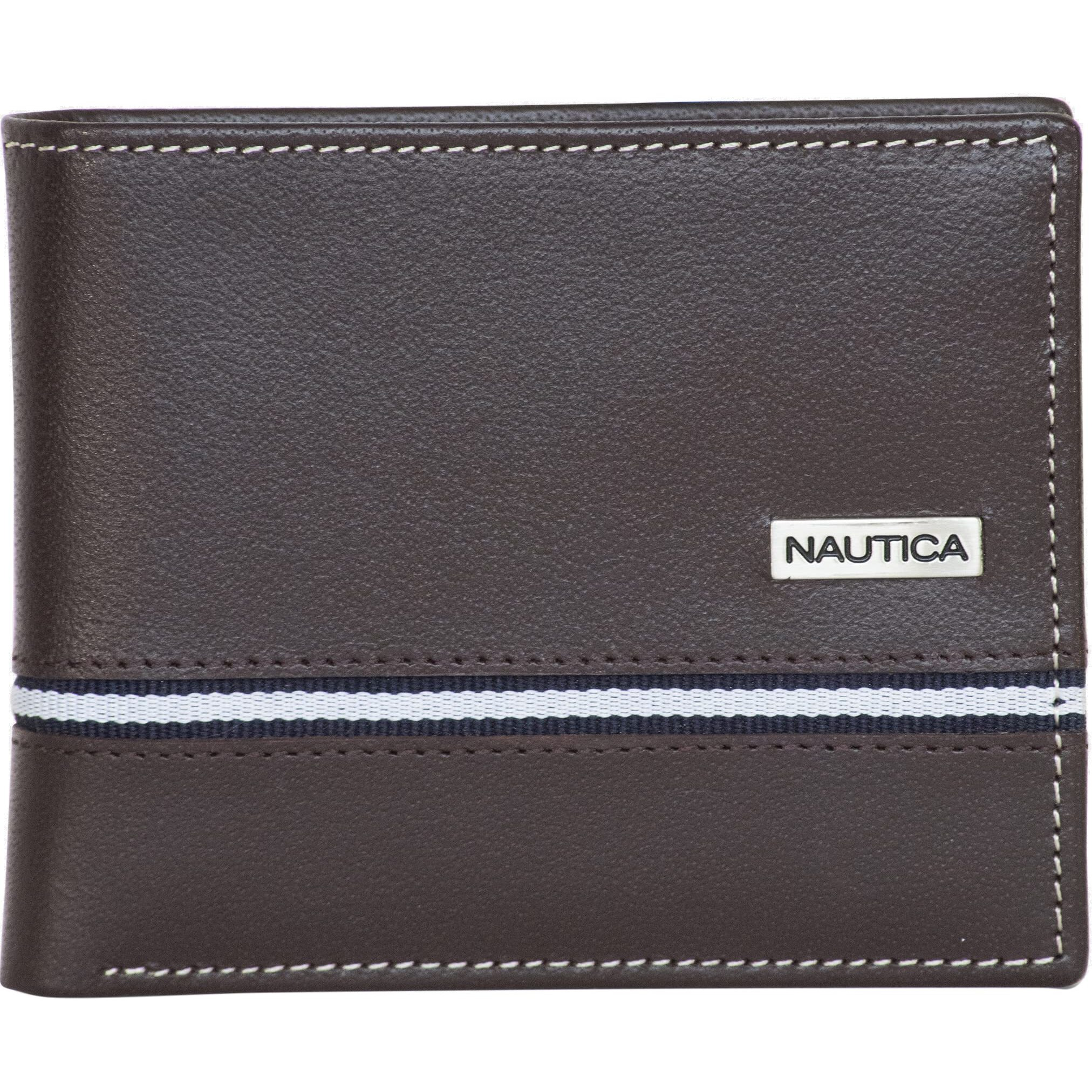 Nautica Mens Classic Leather Bifold Rfid (Available In Smooth Or Pebble Grain) Wallet  Logo Ribbon - Brown