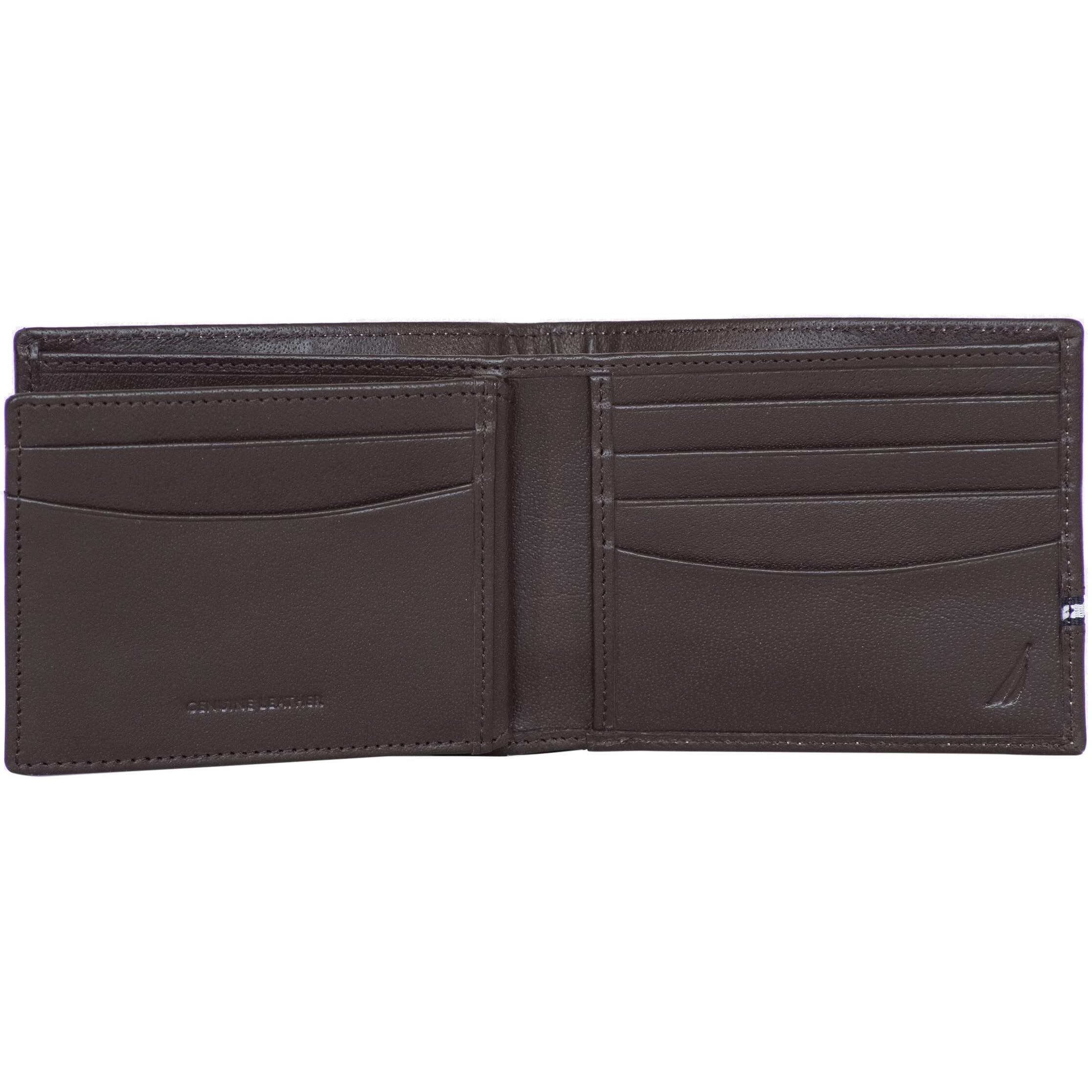 Nautica Mens Classic Leather Bifold Rfid (Available In Smooth Or Pebble Grain) Wallet  Logo Ribbon - Brown