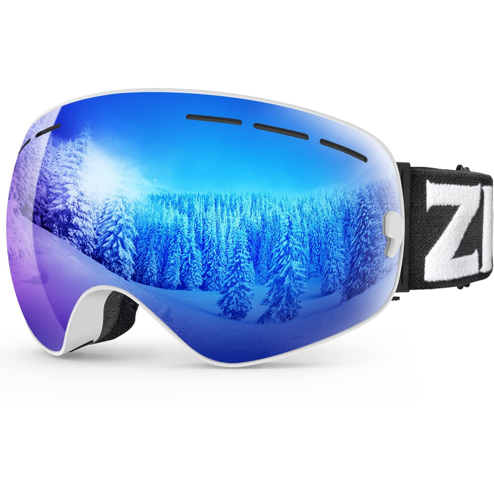Zionor X Ski Snowboard Snow Goggles Otg Design For Men Women Adult With Spherical Detachable Lens Uv Protection Anti-Fog (Vlt 22% White Frame Revo Blue Lens)