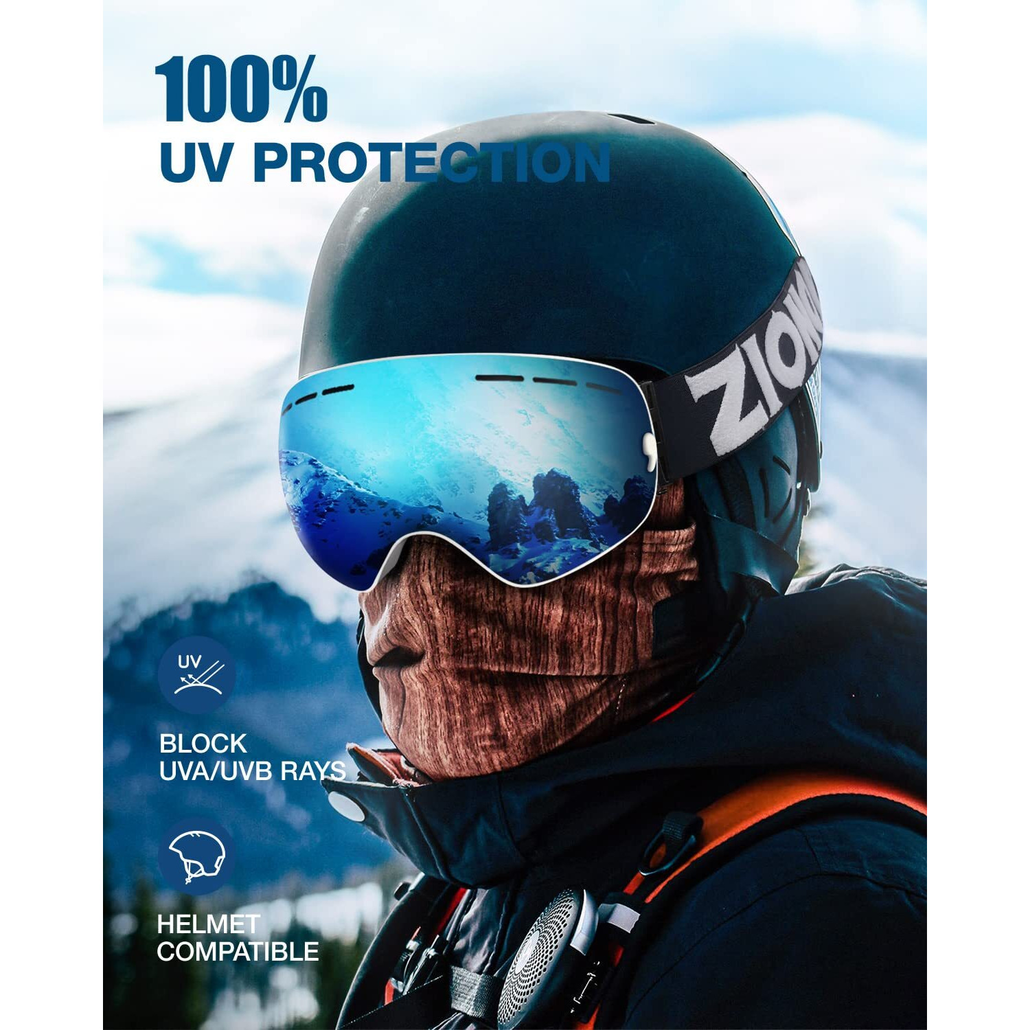 Zionor X Ski Snowboard Snow Goggles Otg Design For Men Women Adult With Spherical Detachable Lens Uv Protection Anti-Fog (Vlt 22% White Frame Revo Blue Lens)