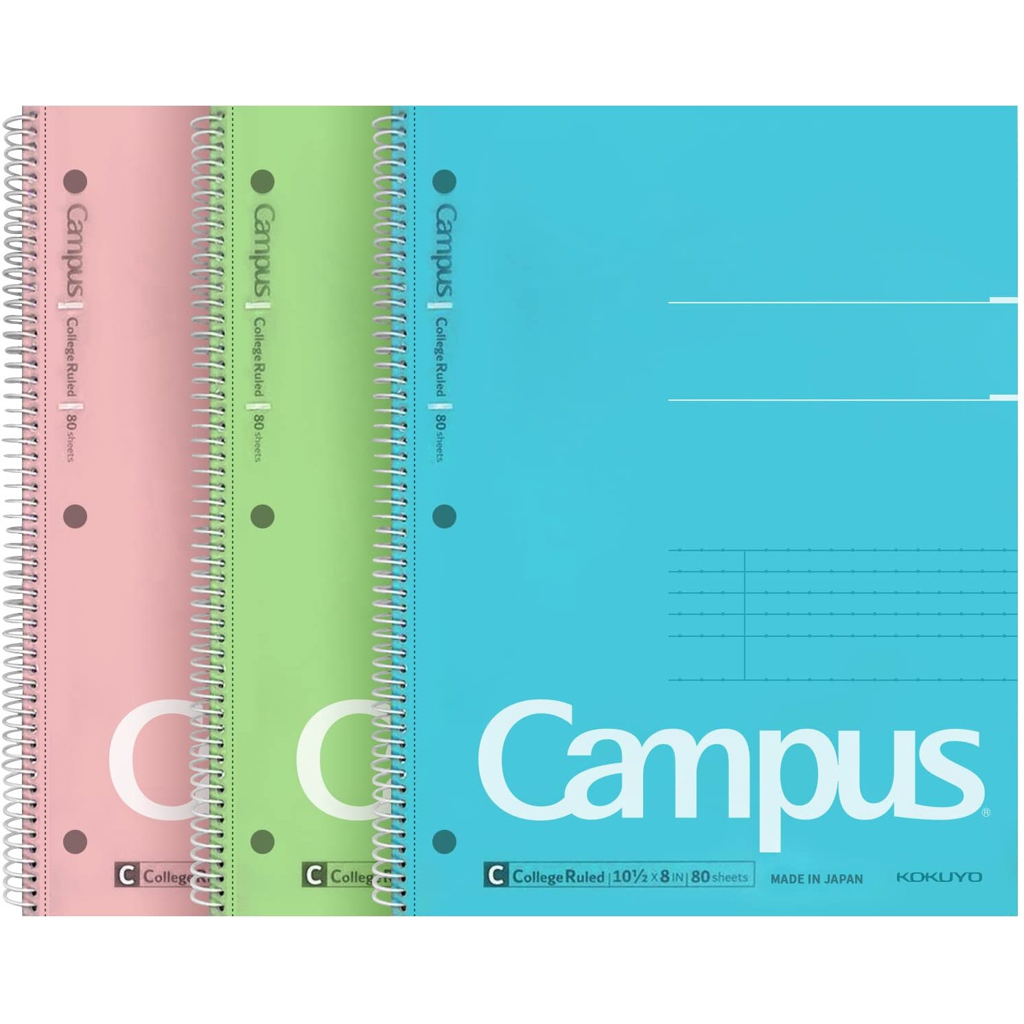 Kokuyo Campus Spiral Notebook  10-1/2  X 8   College Ruled  80 Sheets (160 Pages)  Bleed Resistant  Pack Of 3 Colors - Pink  Sky Blue  Green  Made In Japan (Wsg-Su-400G1 3)
