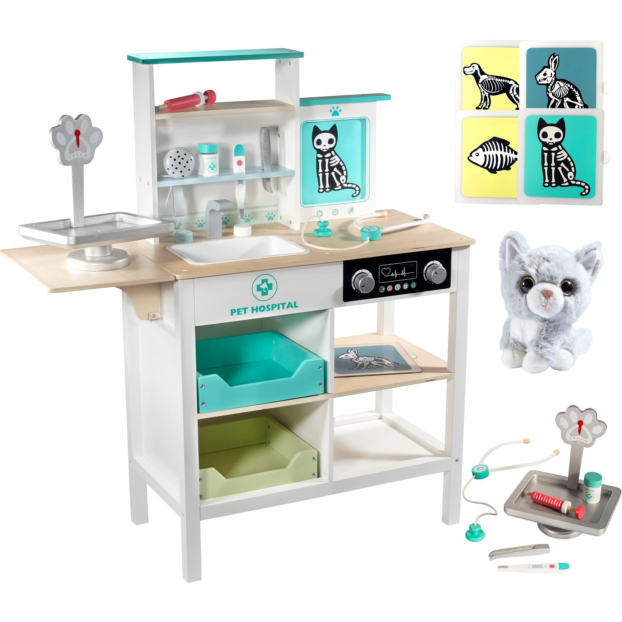 Vet Center Pretend Pet Hospital Playset - Wooden Animal Interactive Medical Checkup Set With Toy Cat  X-Ray Cards  Stethoscope & Veterinarian Medical Accessories  Fun Doctor Role Play Gift For Kids