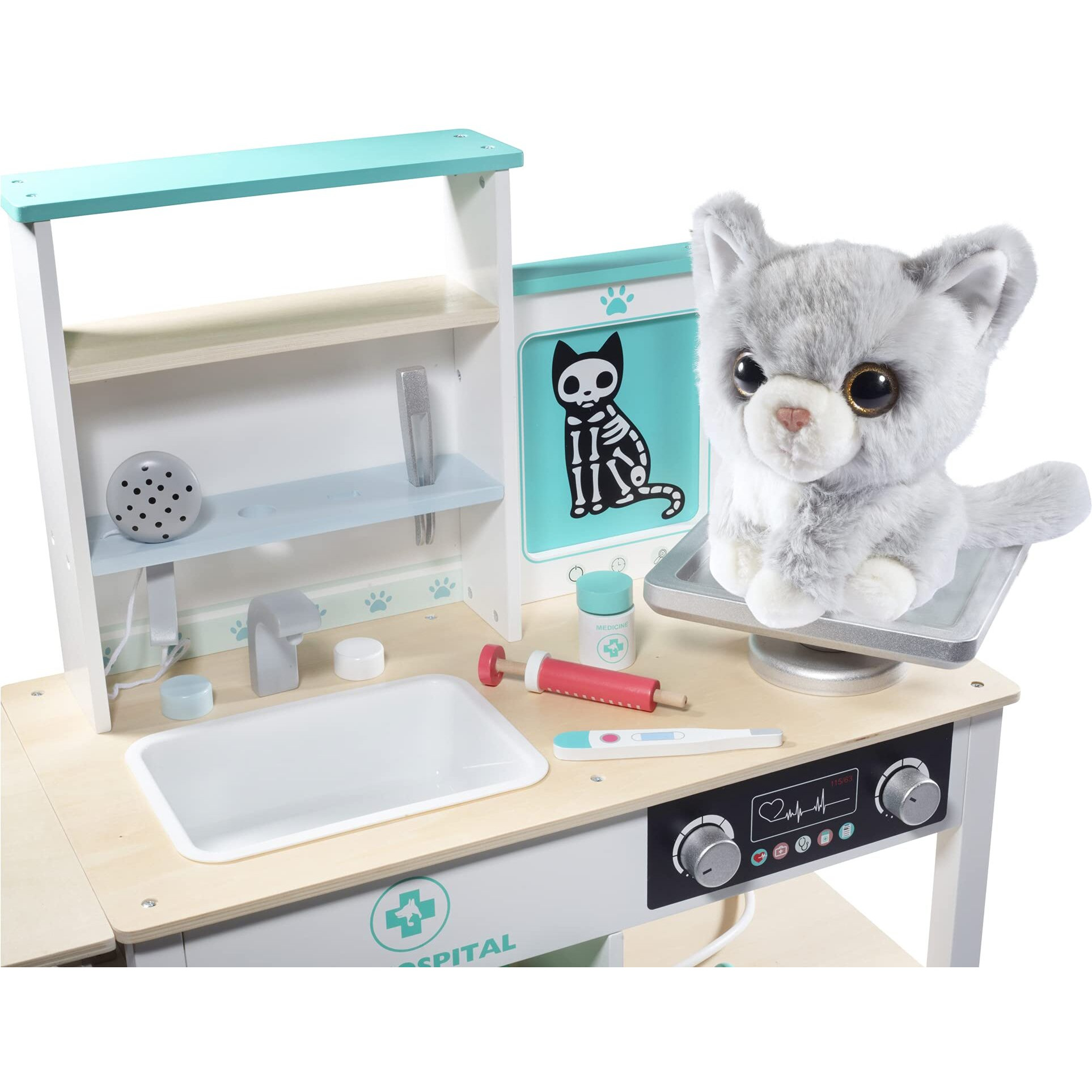 Vet Center Pretend Pet Hospital Playset - Wooden Animal Interactive Medical Checkup Set With Toy Cat  X-Ray Cards  Stethoscope & Veterinarian Medical Accessories  Fun Doctor Role Play Gift For Kids