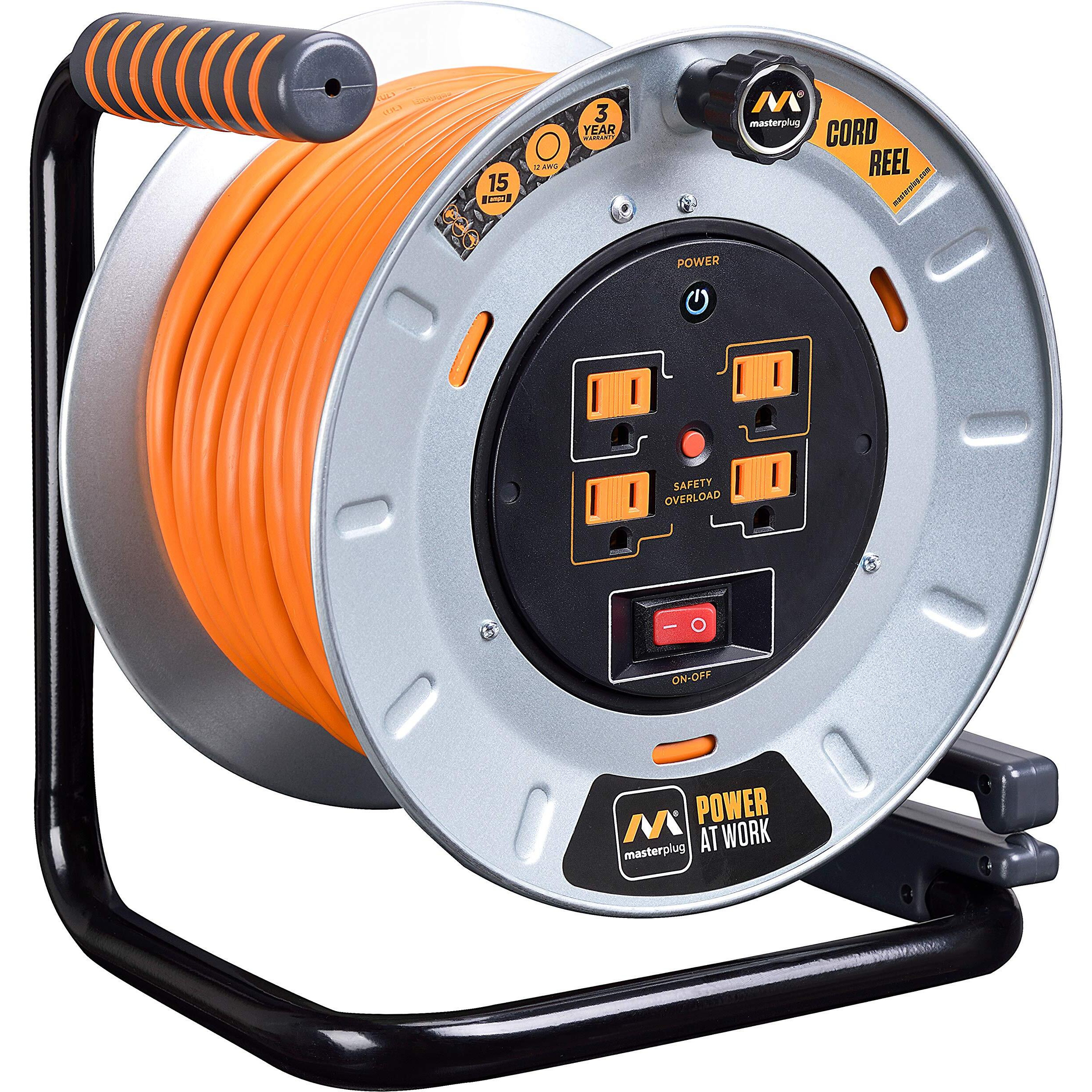Masterplug Metal Steel Drum With Four Powered Outlets  Open Cord Reel Extension Cord With Winding Handle  Overload Circuit Breaker  And Power Switch  100 Feet 12Awg  High Visibility Cord